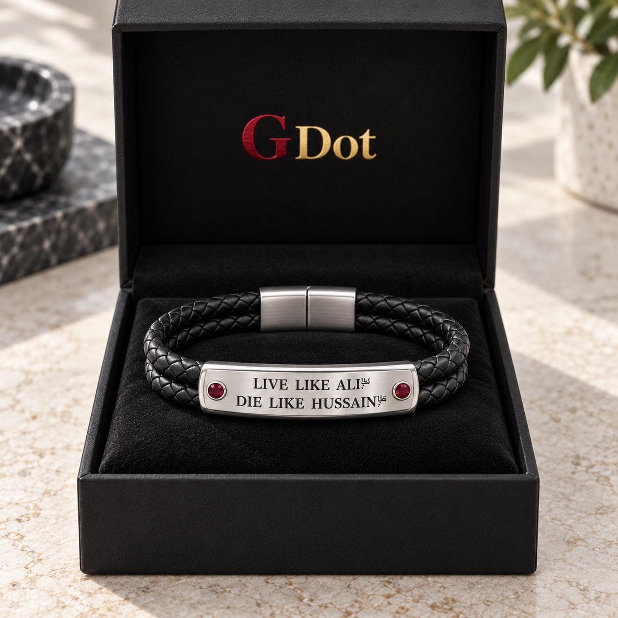 GDot Live Like Ali Die Like Hussain Mens Bracelet, Platinum Plated Black Leather Cuff, Islamic Jewelry Gift for Him - image 4