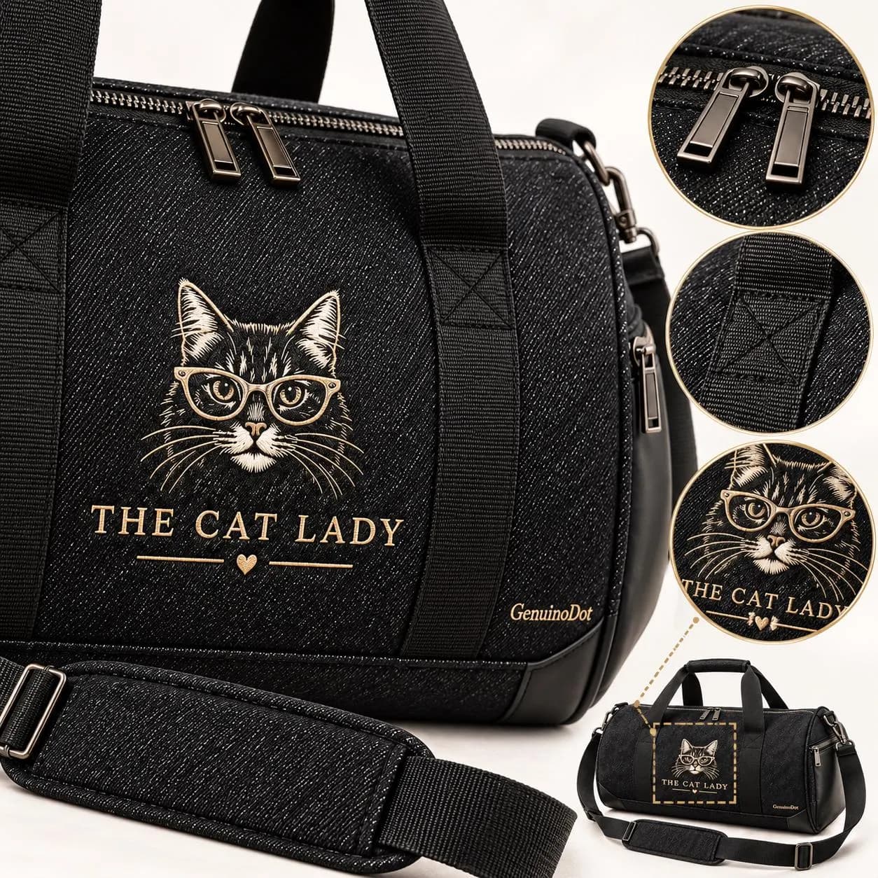 The Cat Lady Black Denim Duffle Bag, Cat Lover Gym Bag, Women’s Travel Weekender, Embroidered Sports Bag Gift - image 3