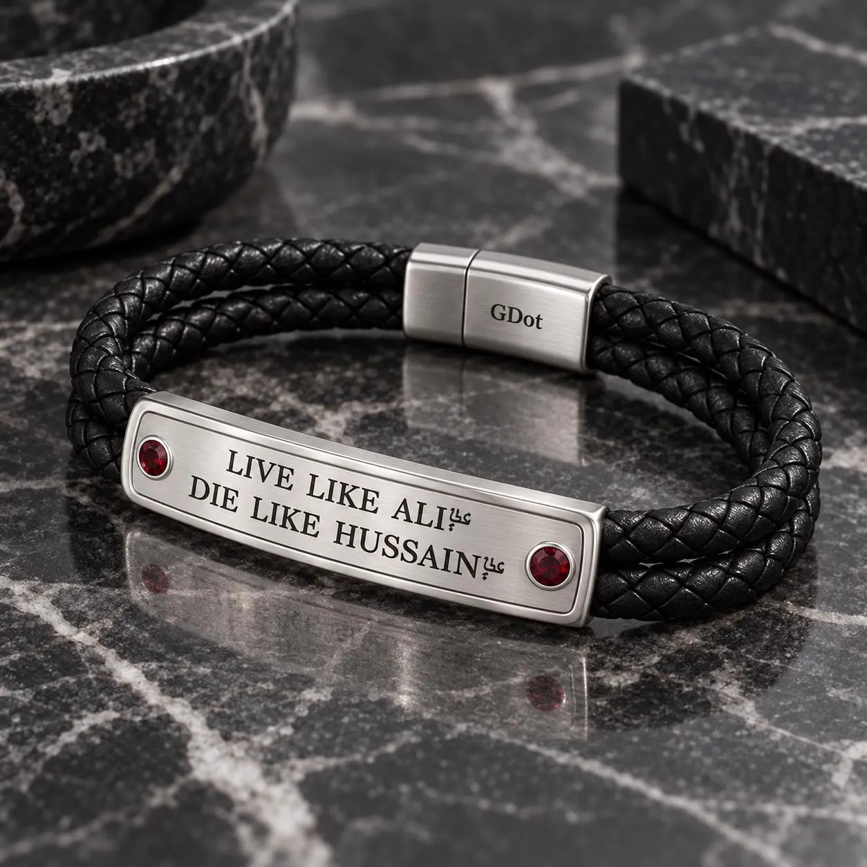GDot Live Like Ali Die Like Hussain Mens Bracelet, Platinum Plated Black Leather Cuff, Islamic Jewelry Gift for Him - image 5