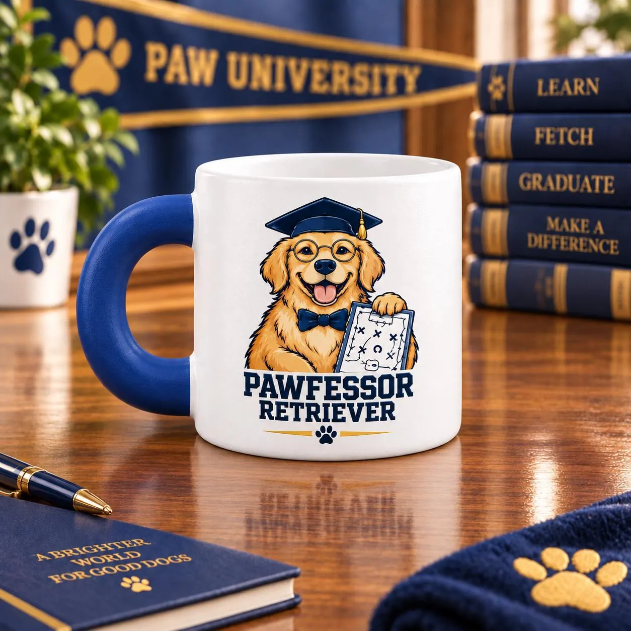 Pawfessor Retriever Fat Mug, PAW University Golden Retriever Coffee Cup, Dog Lover Gift, Blue Handle Ceramic Mug - image 3