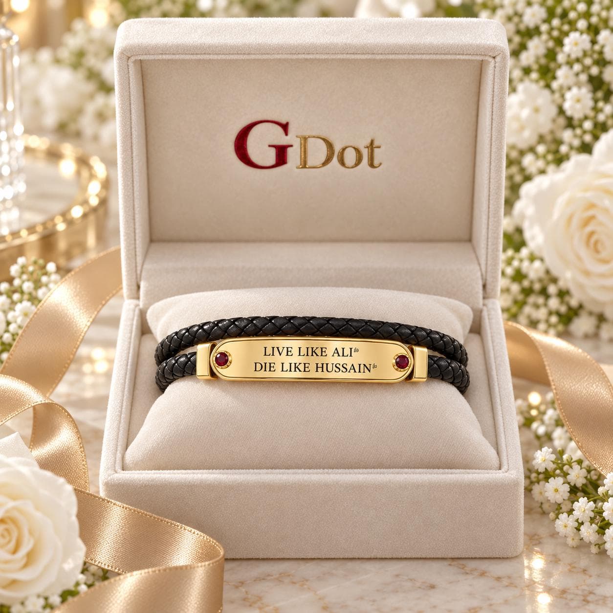 GDot Live Like Ali Die Like Hussain Bracelet, Gold Plated Black Leather Cuff, Islamic Jewelry Gift for Her - image 4
