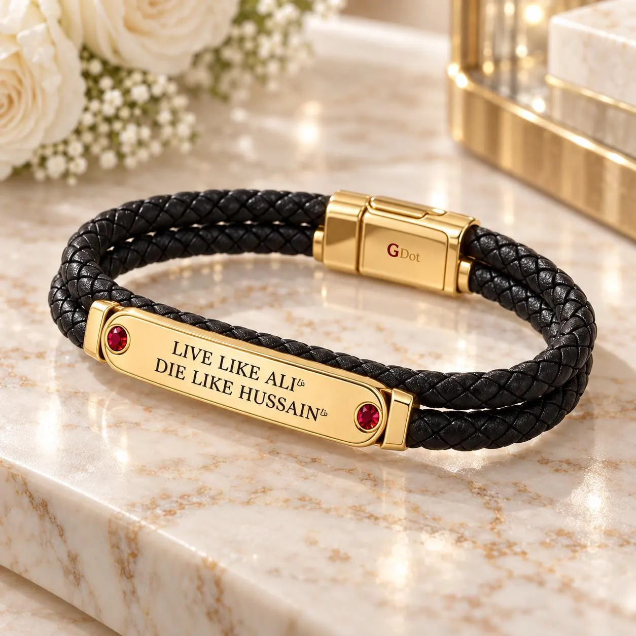 GDot Live Like Ali Die Like Hussain Bracelet, Gold Plated Black Leather Cuff, Islamic Jewelry Gift for Her