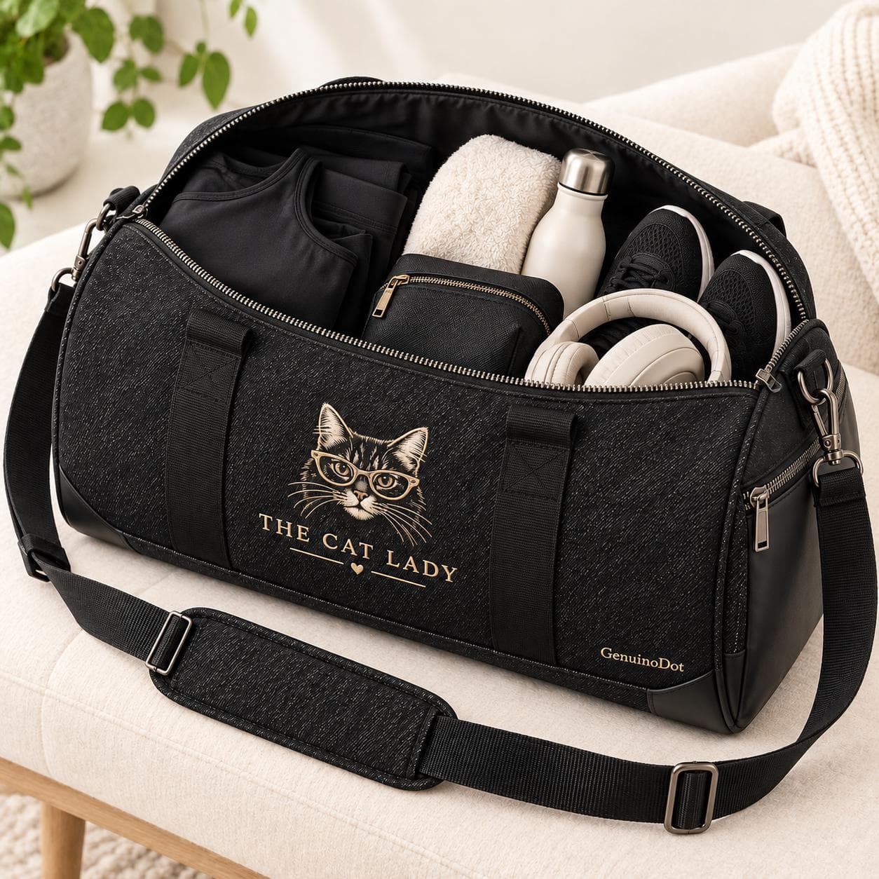 The Cat Lady Black Denim Duffle Bag, Cat Lover Gym Bag, Women’s Travel Weekender, Embroidered Sports Bag Gift - image 4