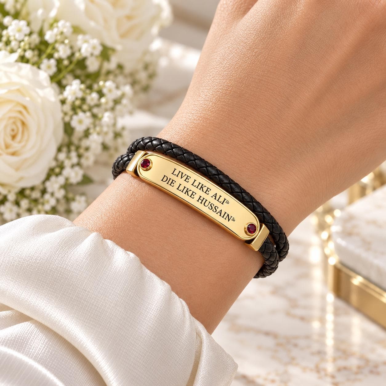 GDot Live Like Ali Die Like Hussain Bracelet, Gold Plated Black Leather Cuff, Islamic Jewelry Gift for Her - image 3