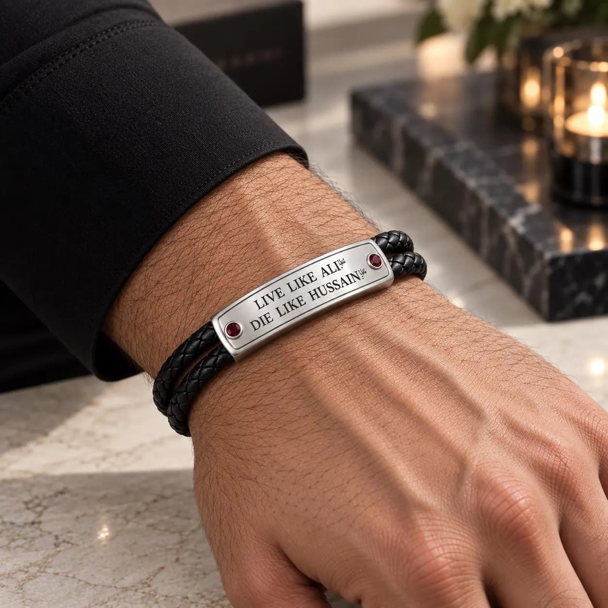 GDot Live Like Ali Die Like Hussain Mens Bracelet, Platinum Plated Black Leather Cuff, Islamic Jewelry Gift for Him - image 3