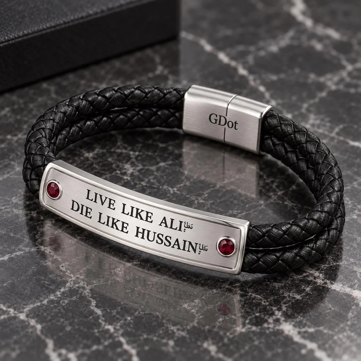 GDot Live Like Ali Die Like Hussain Mens Bracelet, Platinum Plated Black Leather Cuff, Islamic Jewelry Gift for Him