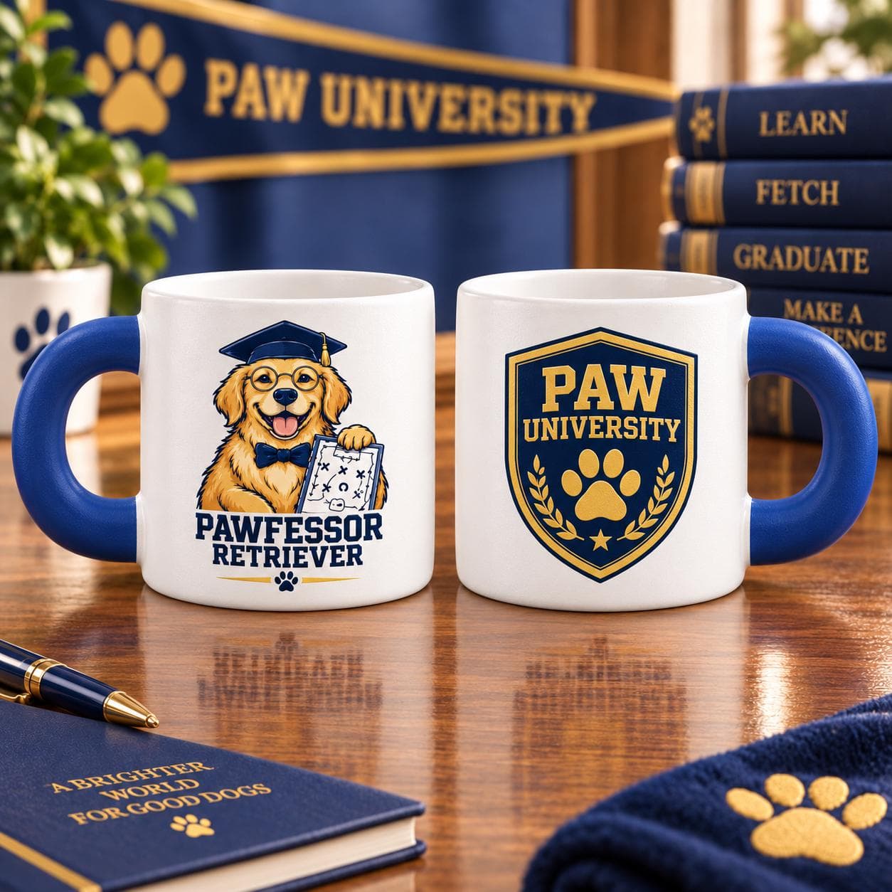 Pawfessor Retriever Fat Mug, PAW University Golden Retriever Coffee Cup, Dog Lover Gift, Blue Handle Ceramic Mug