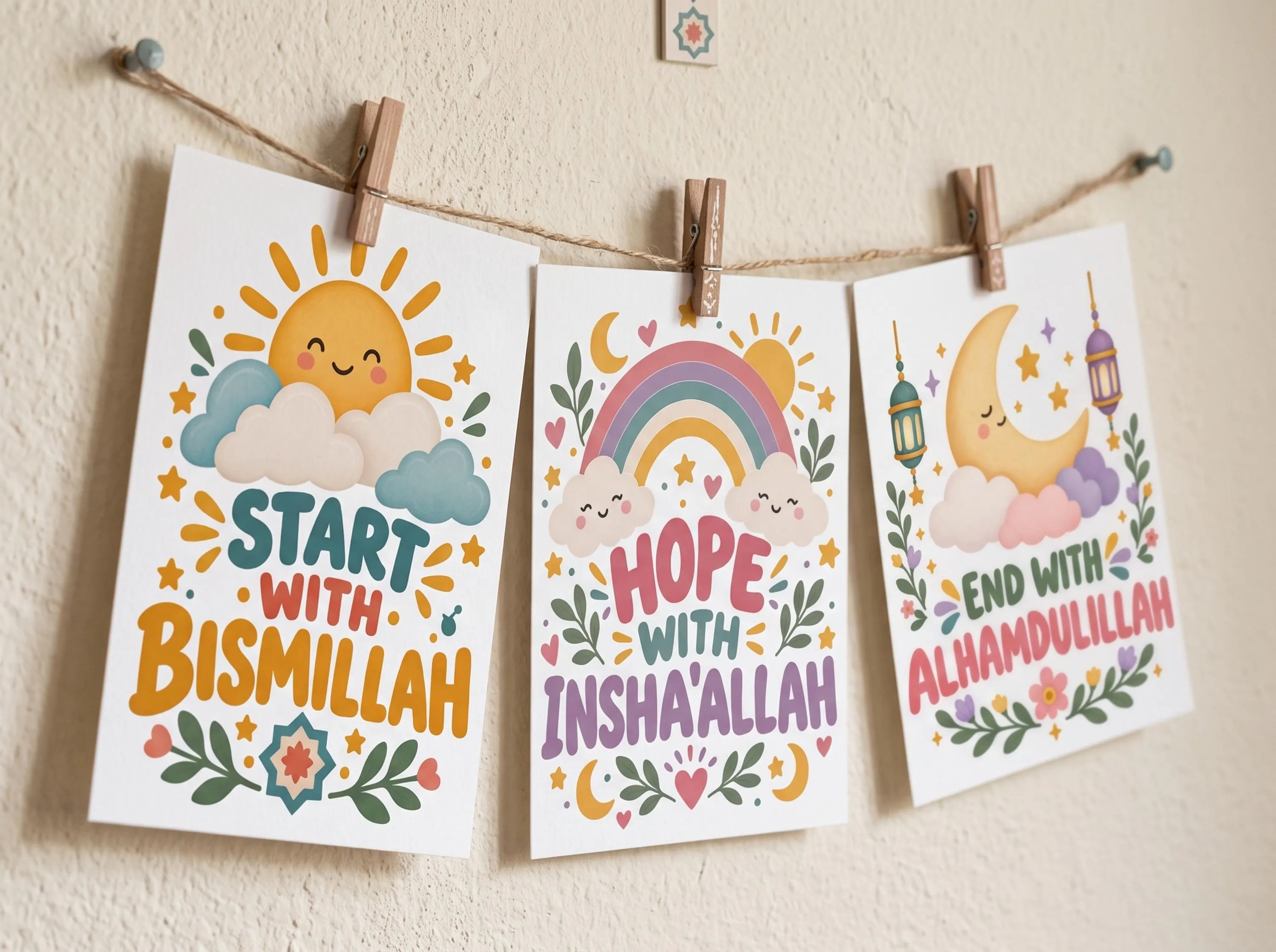 Islamic Wall Art for Kids | Set of 3 Muslim Nursery Posters | Eid Gift Printable Digital Download | Colorful Arabic Decor for Kids Room