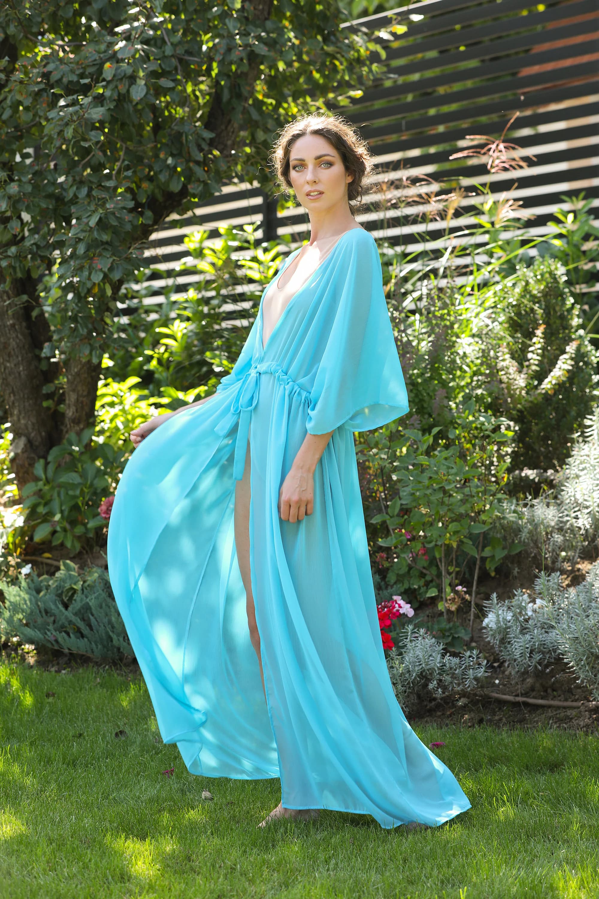 Turquoise Chiffon Beach Cover Up Dress, Plus Size Kaftan Kimono - image 5