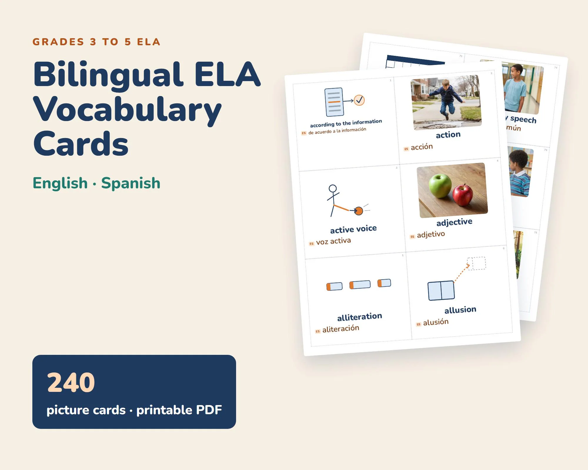 Bilingual ELA Vocabulary Cards, English Spanish, Grades 3-5 (PDF)