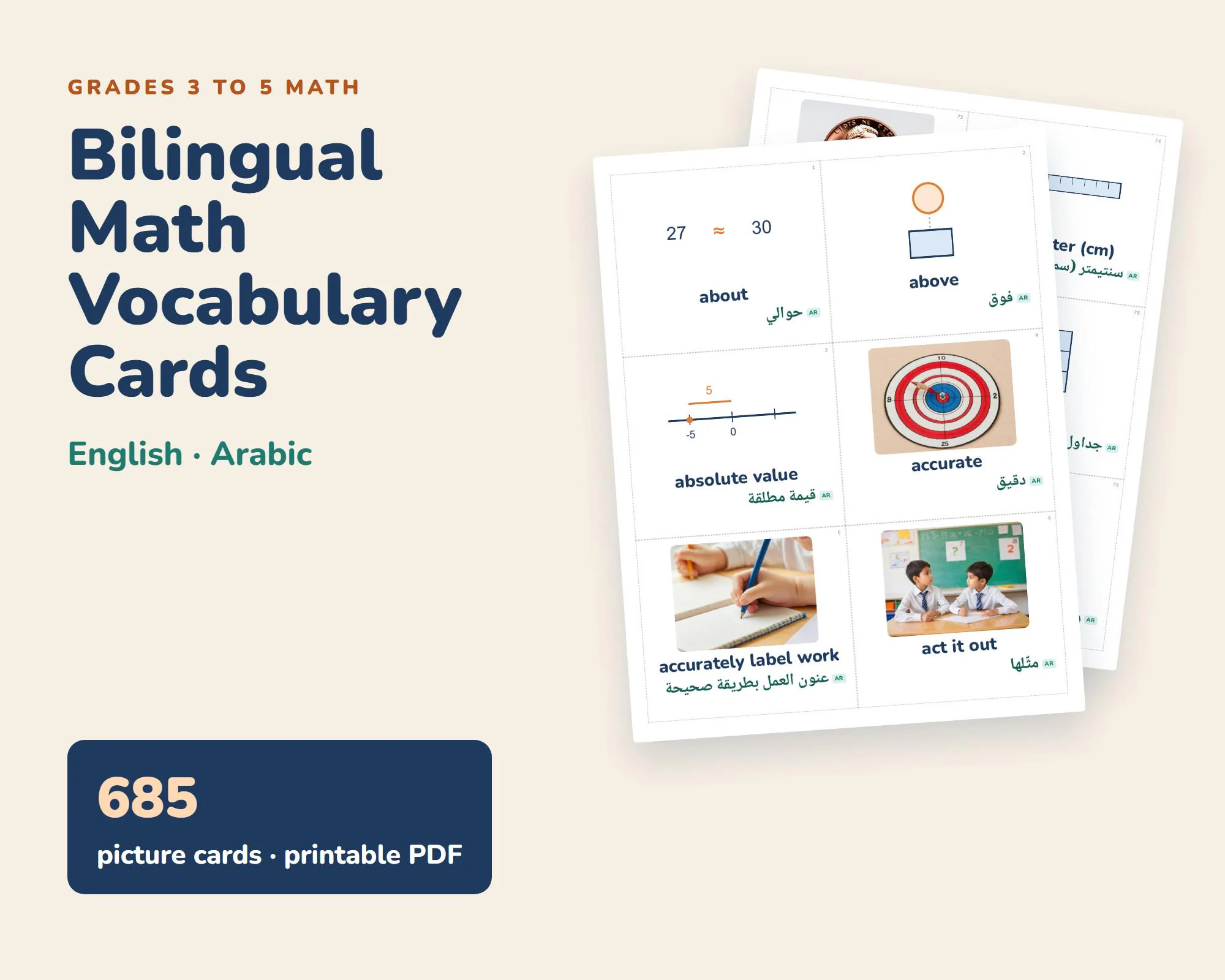 Bilingual Math Vocabulary Cards, English Arabic, Grades 3-5 (Printable PDF)