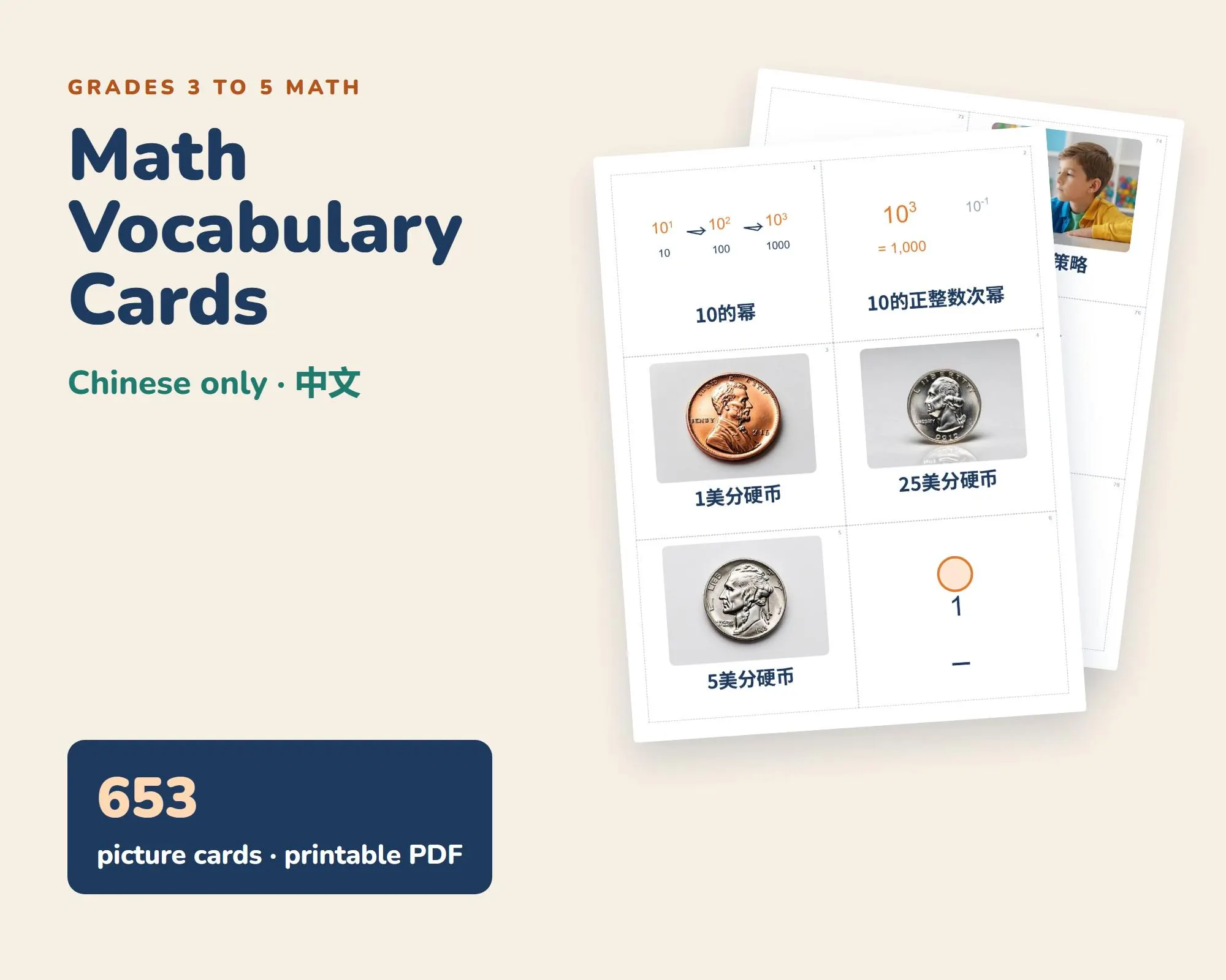 Chinese Math Vocabulary Cards, Grades 3-5, Picture Word Wall (PDF)
