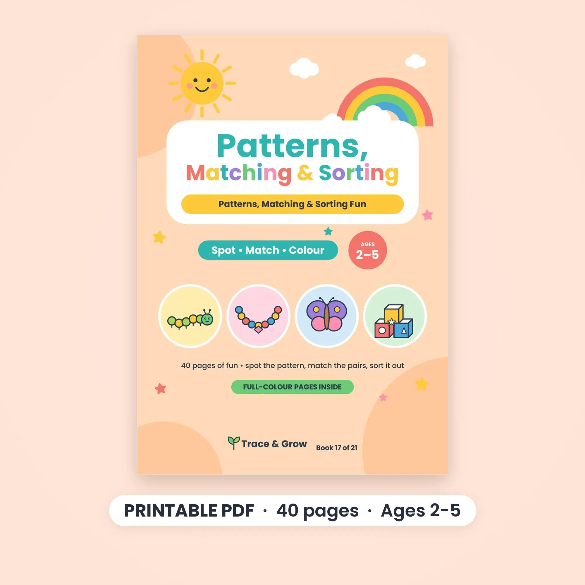 Patterns, Matching and Sorting Worksheets for Preschool, Printable PDF
