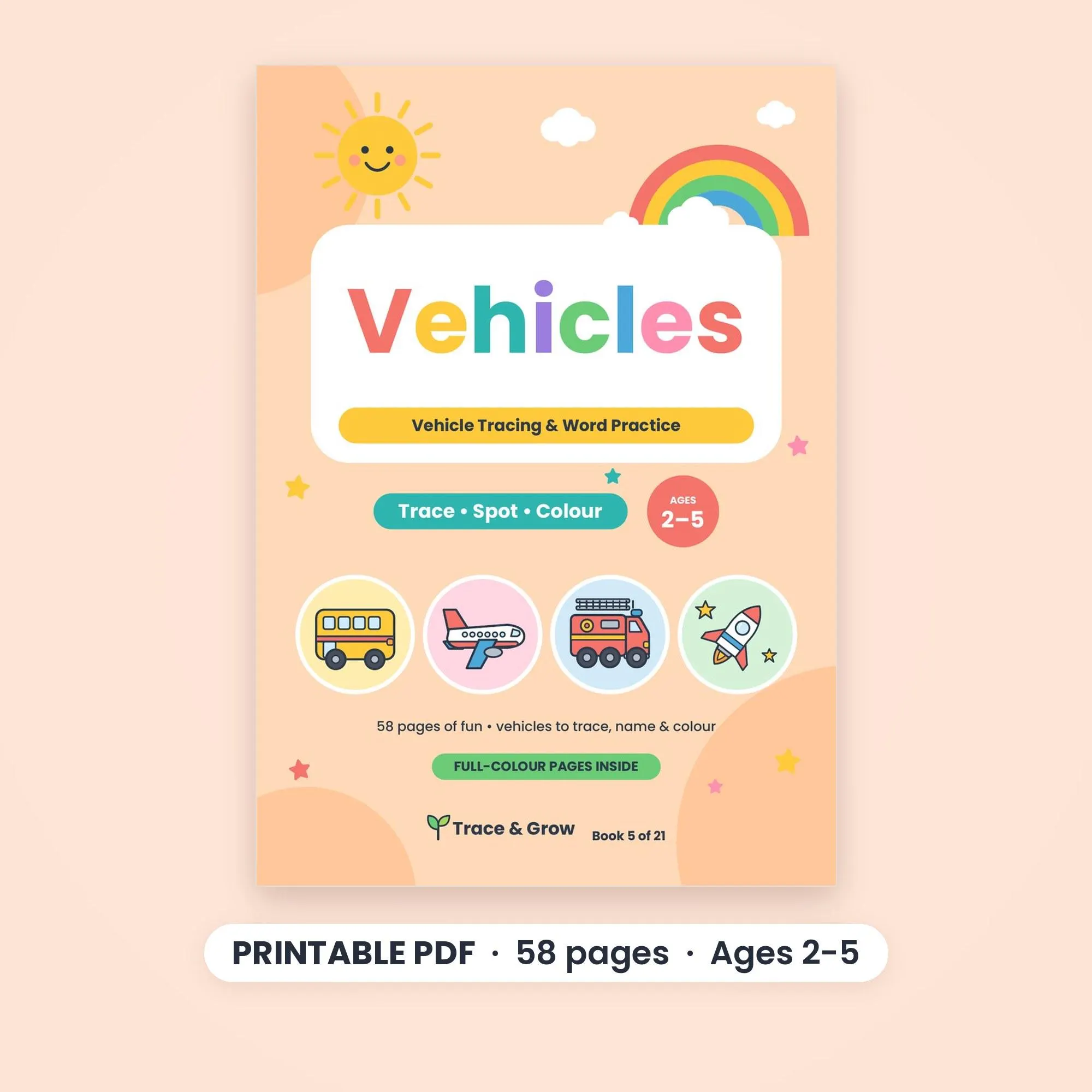 Vehicle Tracing Worksheets for Toddlers and Preschool, Printable PDF