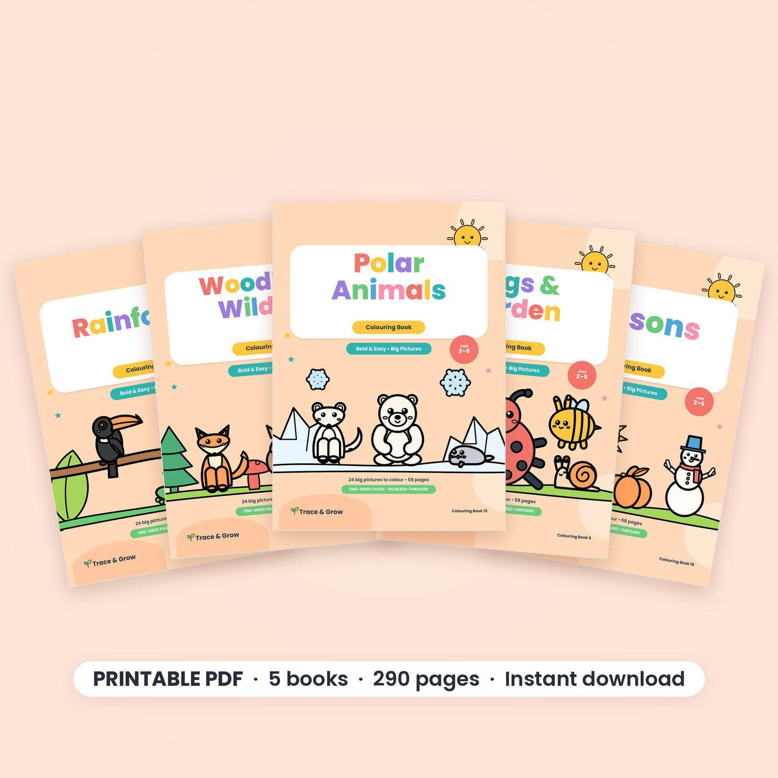 Animal Coloring Pages Bundle for Toddlers, 5 Printable Books