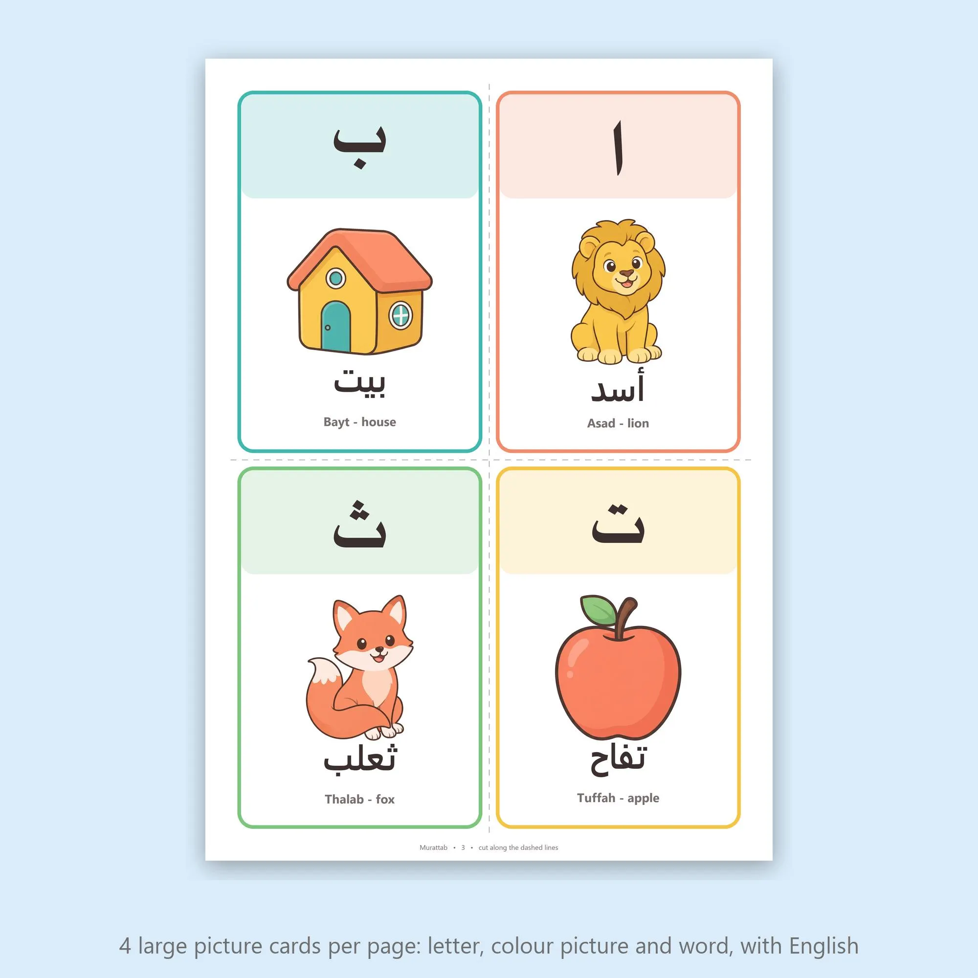 Arabic Alphabet Picture Flashcards for Kids | 28 Colour Cards, Memory Game and Wall Poster | Printable PDF A4 + US Letter | بطاقات الحروف - image 3