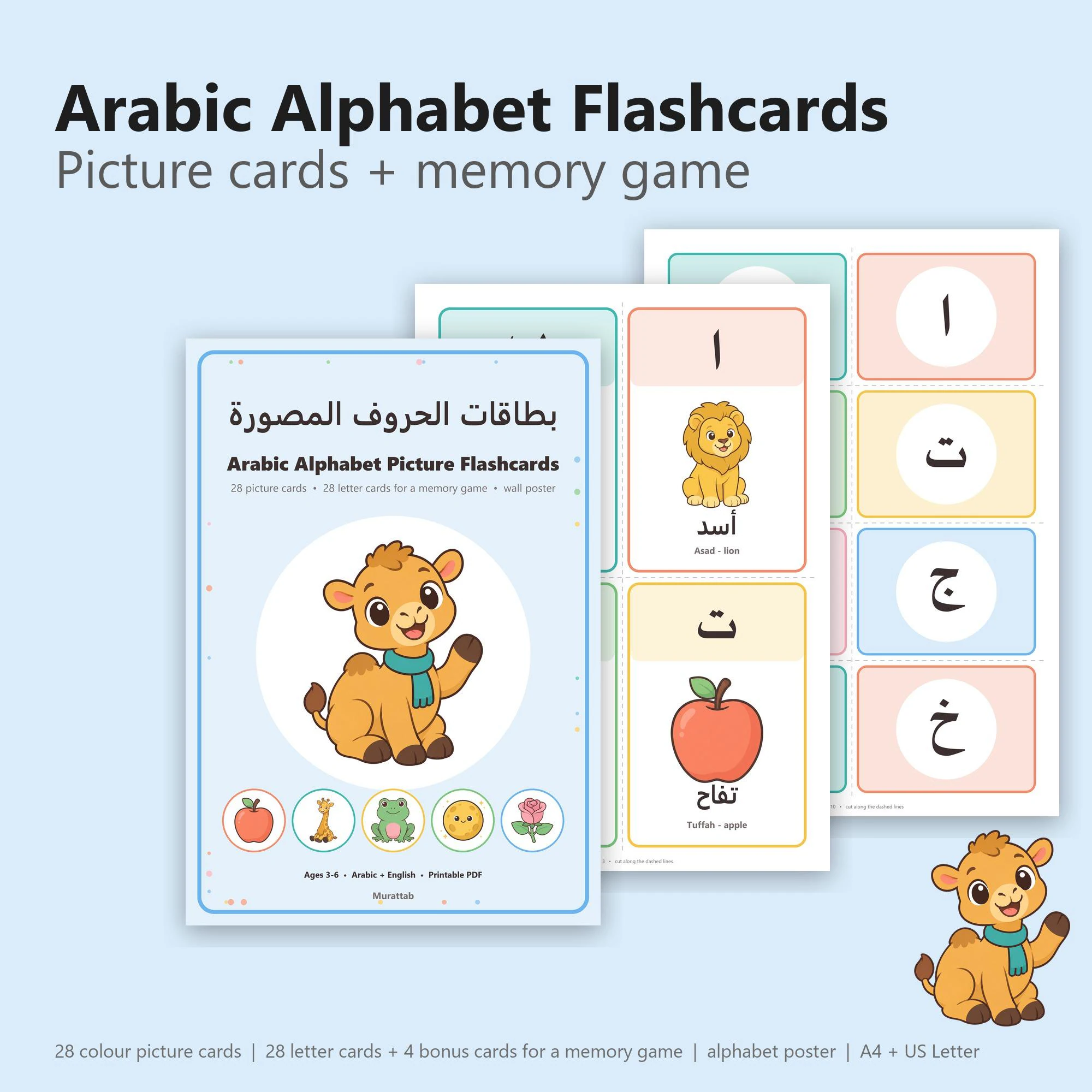 Arabic Alphabet Picture Flashcards for Kids | 28 Colour Cards, Memory Game and Wall Poster | Printable PDF A4 + US Letter | بطاقات الحروف