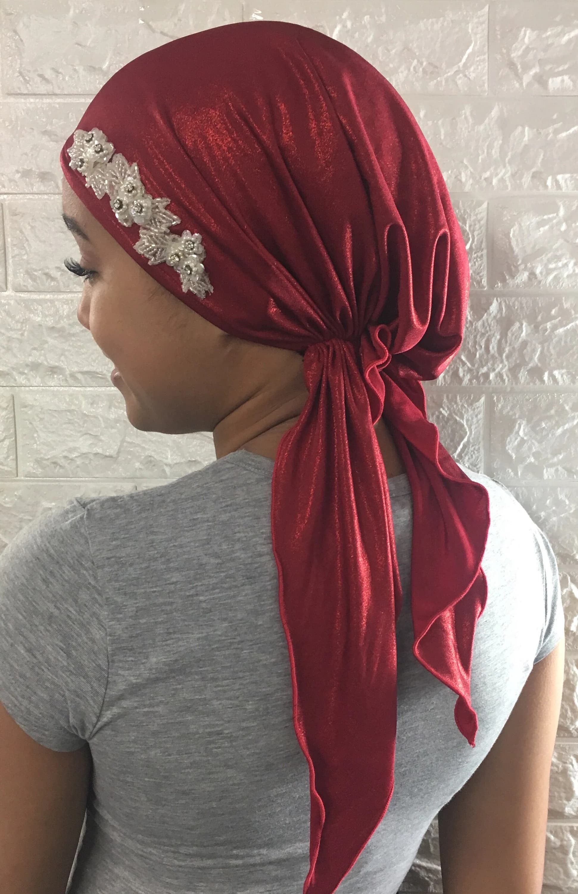Holiday Clothing | Premium Sparkly Red Headscarf For Women | Red Fashion Headcovering | Headgear Turban Hair Wrap | Made in the USA - image 3