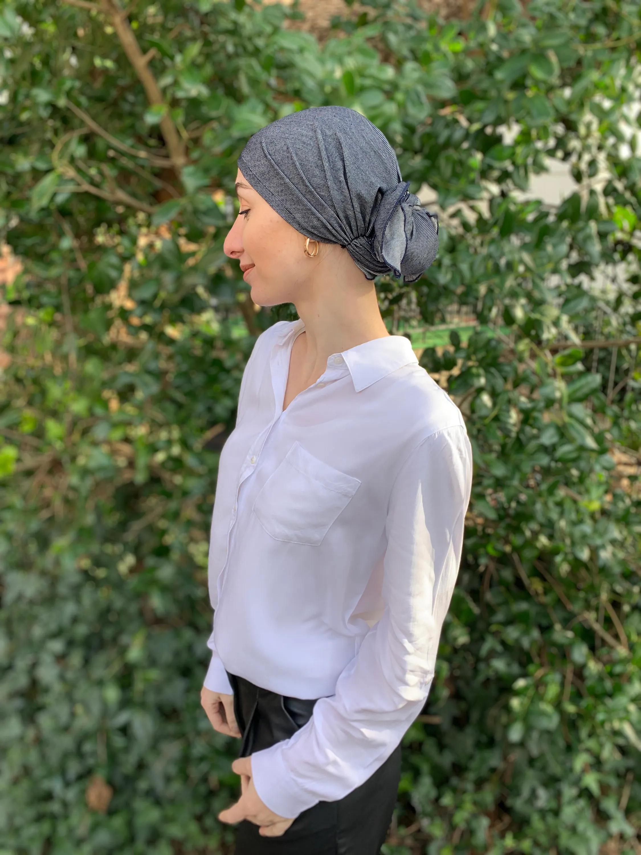 Denim Headscarf | Black Hijab | Soft Lightweight Stretchy Pre Tied Bandana Tichel | Casual Hair Wrap For Women | Vintage Style | Made in USA - image 4
