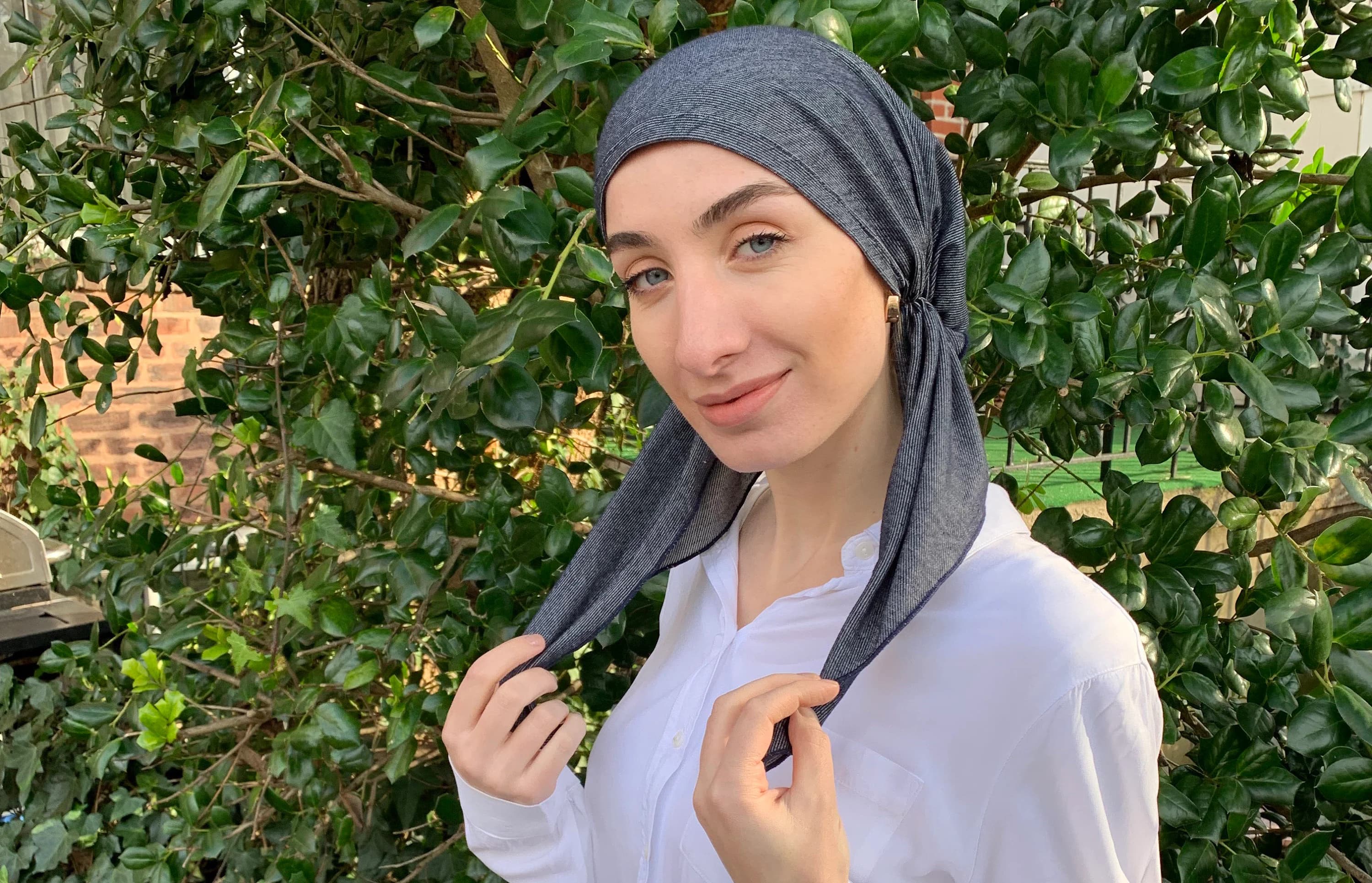 Denim Headscarf | Black Hijab | Soft Lightweight Stretchy Pre Tied Bandana Tichel | Casual Hair Wrap For Women | Vintage Style | Made in USA - image 5