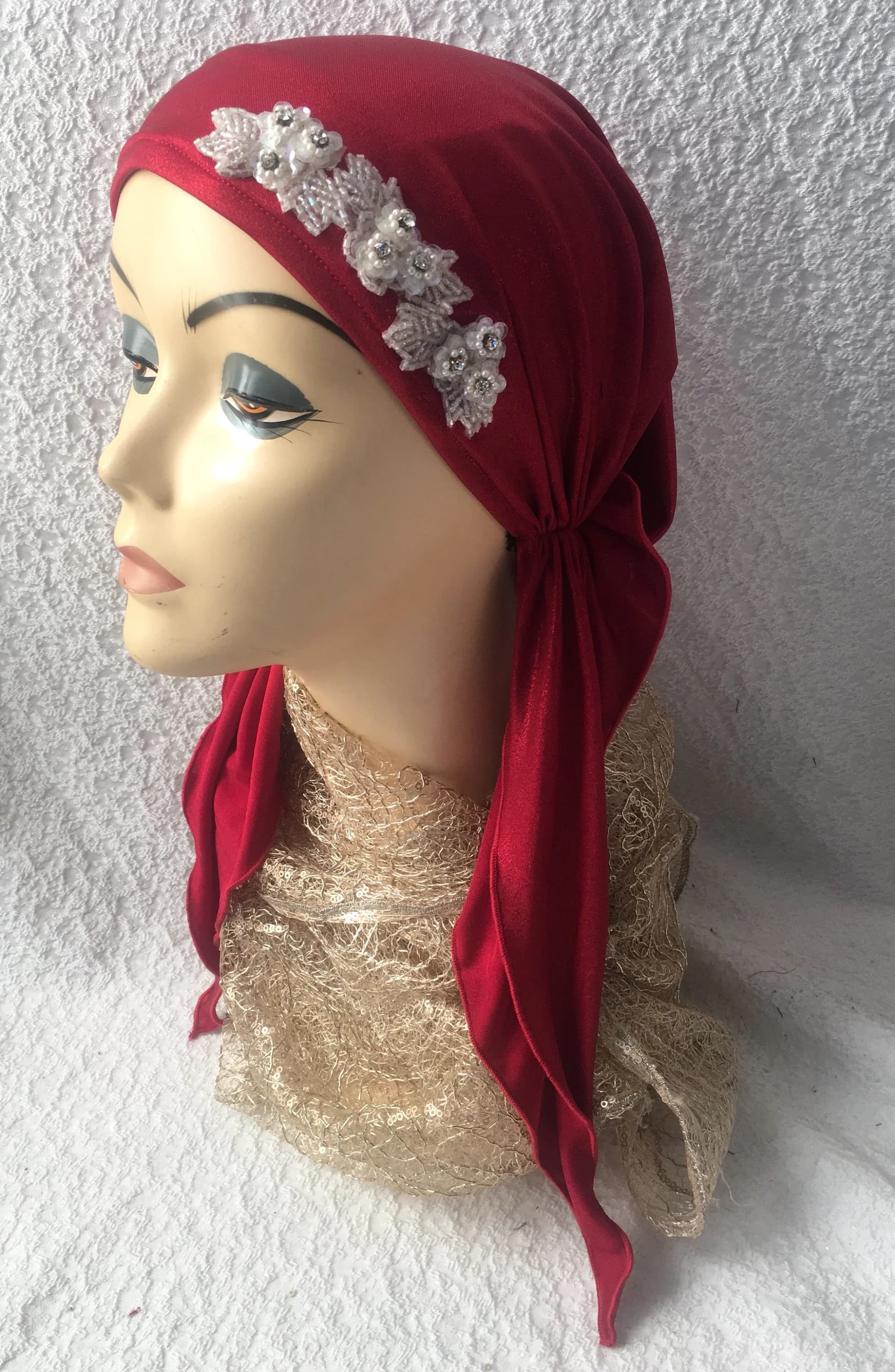 Holiday Clothing | Premium Sparkly Red Headscarf For Women | Red Fashion Headcovering | Headgear Turban Hair Wrap | Made in the USA - image 5