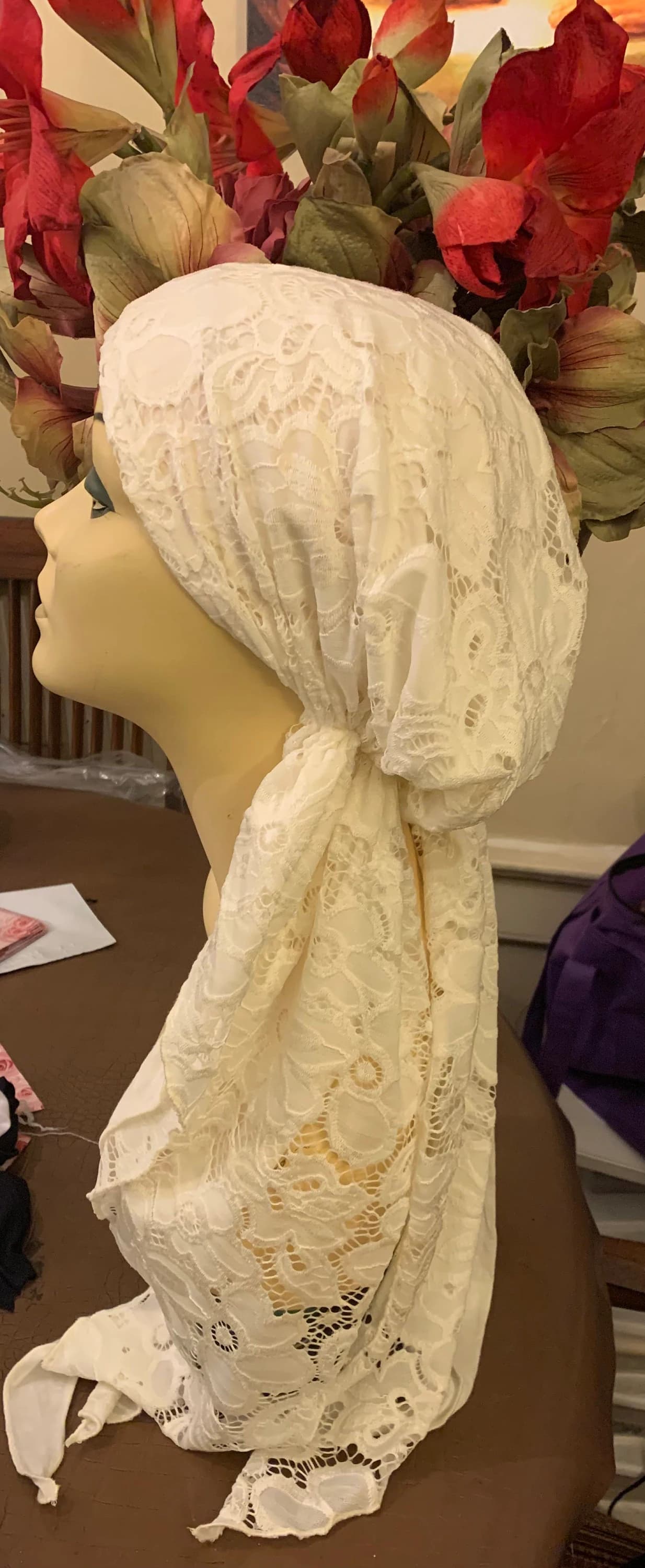 Ivory Lace Pre Tied Head Scarf To Cover and Conceal Your Hair