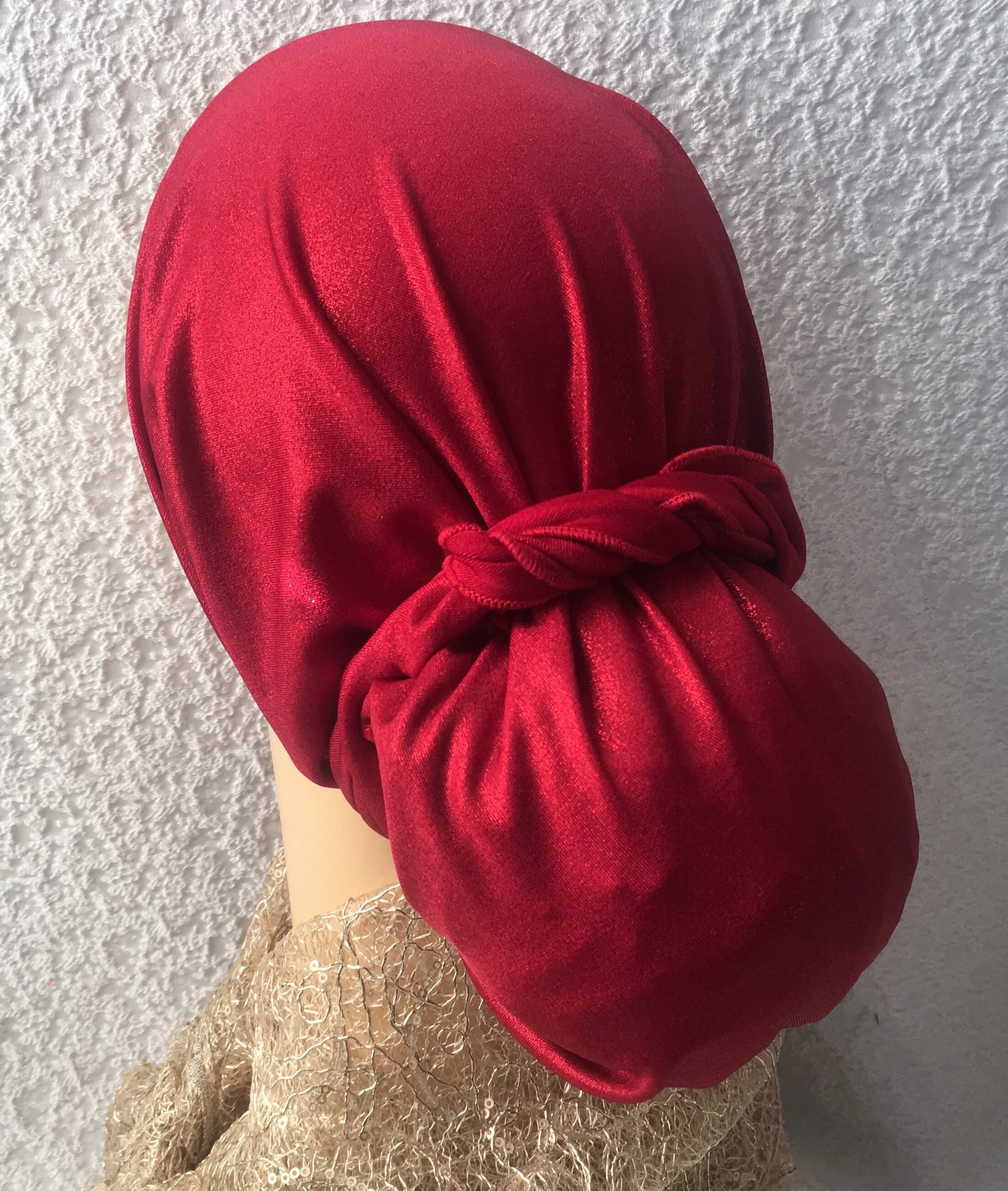 Holiday Clothing | Premium Sparkly Red Headscarf For Women | Red Fashion Headcovering | Headgear Turban Hair Wrap | Made in the USA - image 4