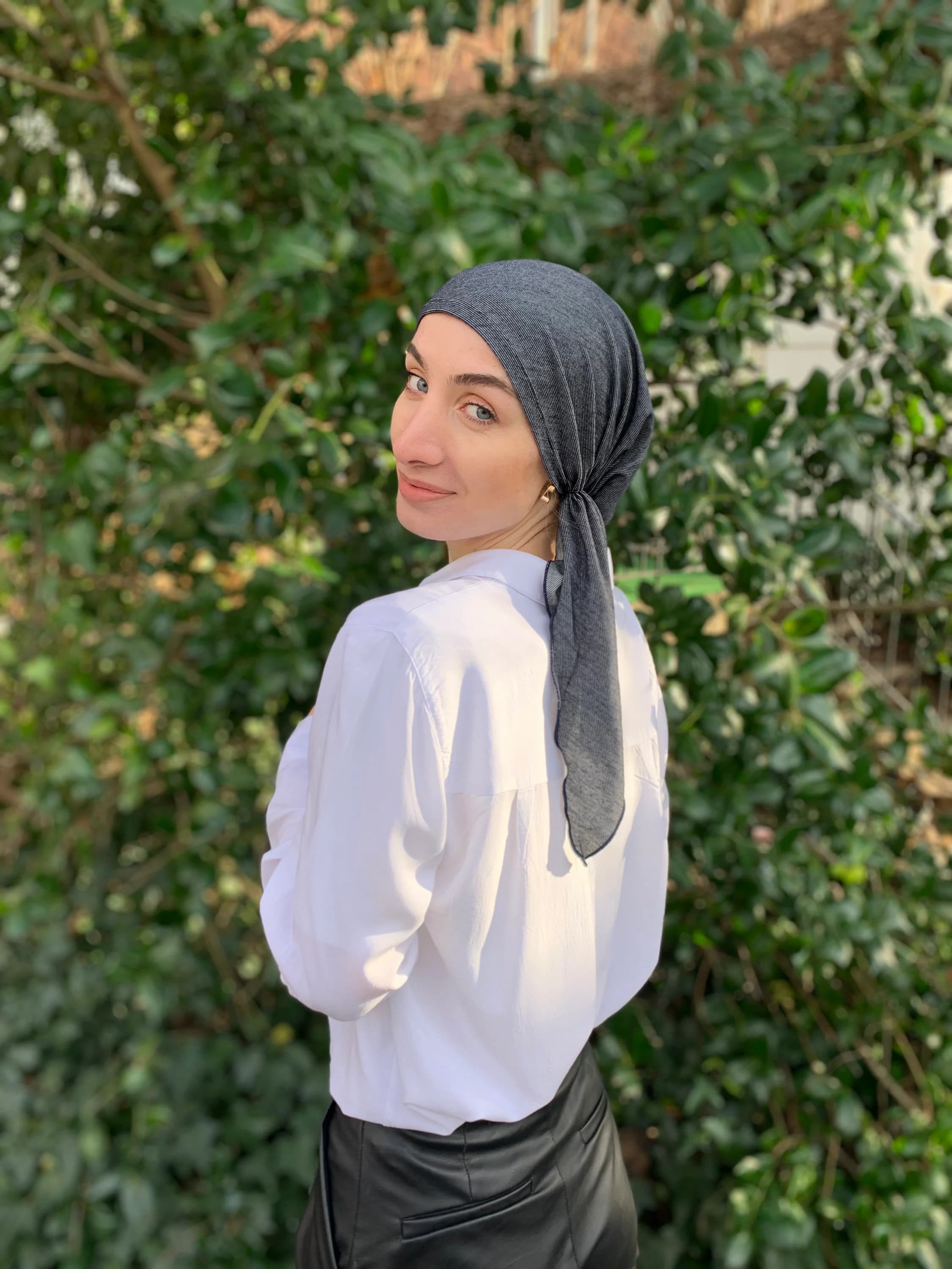 Denim Headscarf | Black Hijab | Soft Lightweight Stretchy Pre Tied Bandana Tichel | Casual Hair Wrap For Women | Vintage Style | Made in USA - image 3
