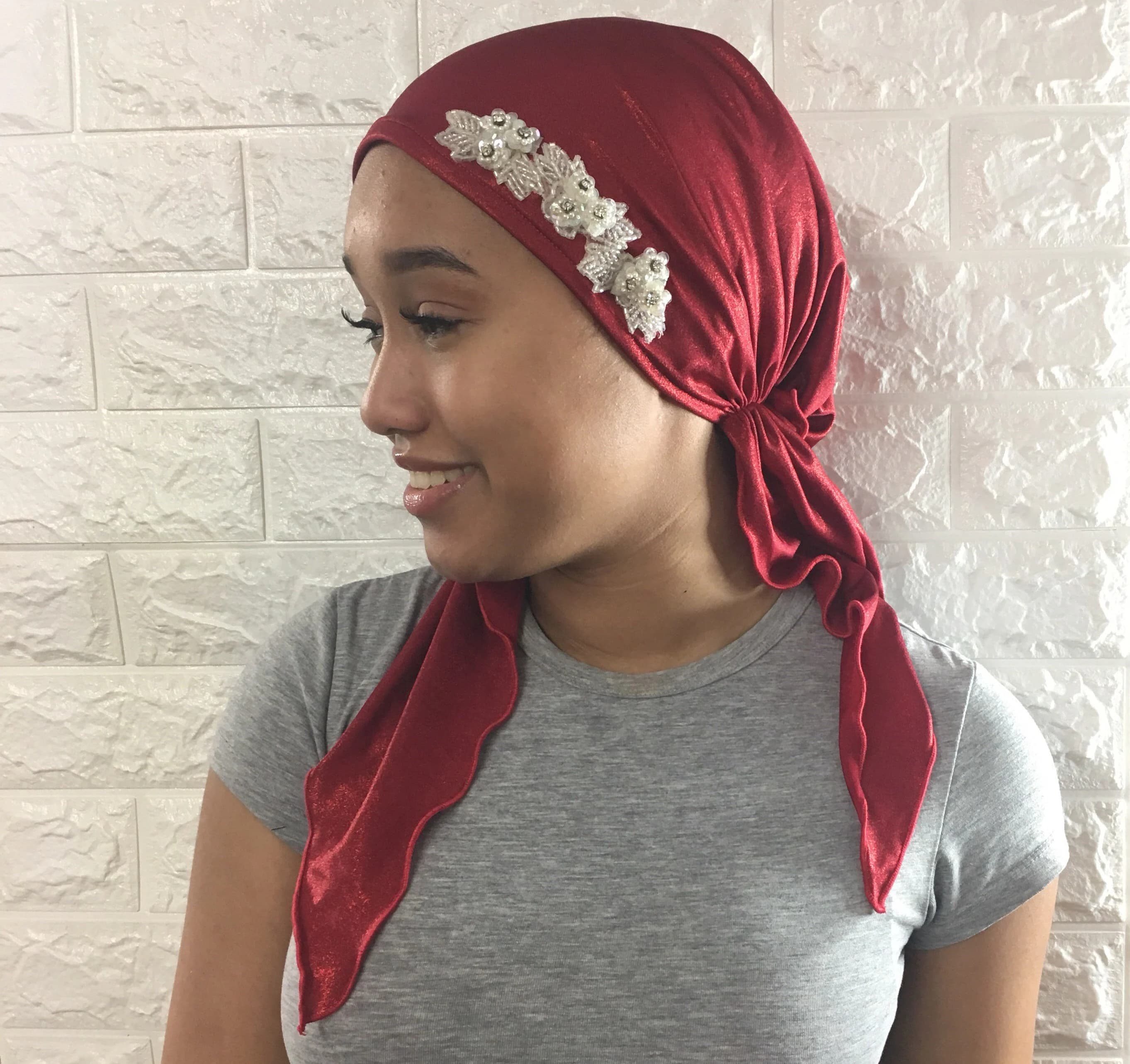 Holiday Clothing | Premium Sparkly Red Headscarf For Women | Red Fashion Headcovering | Headgear Turban Hair Wrap | Made in the USA - image 2