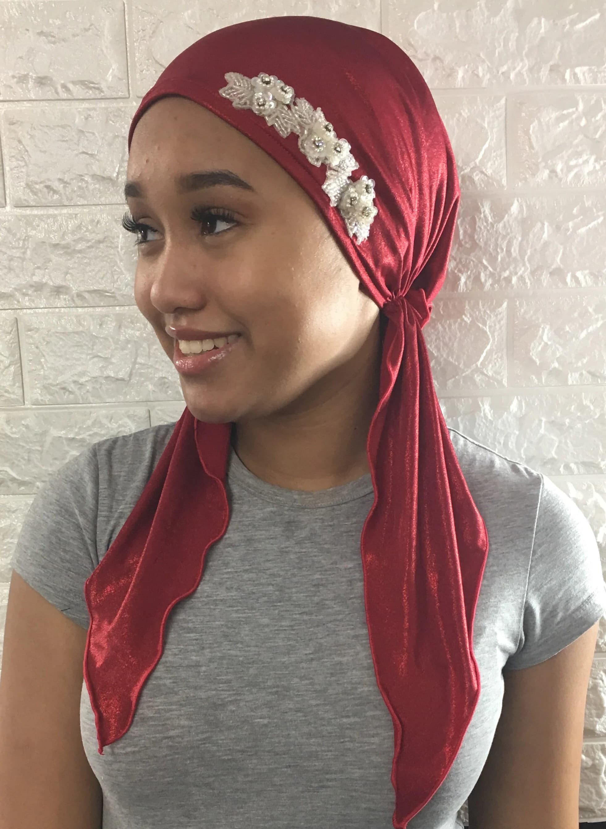 Holiday Clothing | Premium Sparkly Red Headscarf For Women | Red Fashion Headcovering | Headgear Turban Hair Wrap | Made in the USA