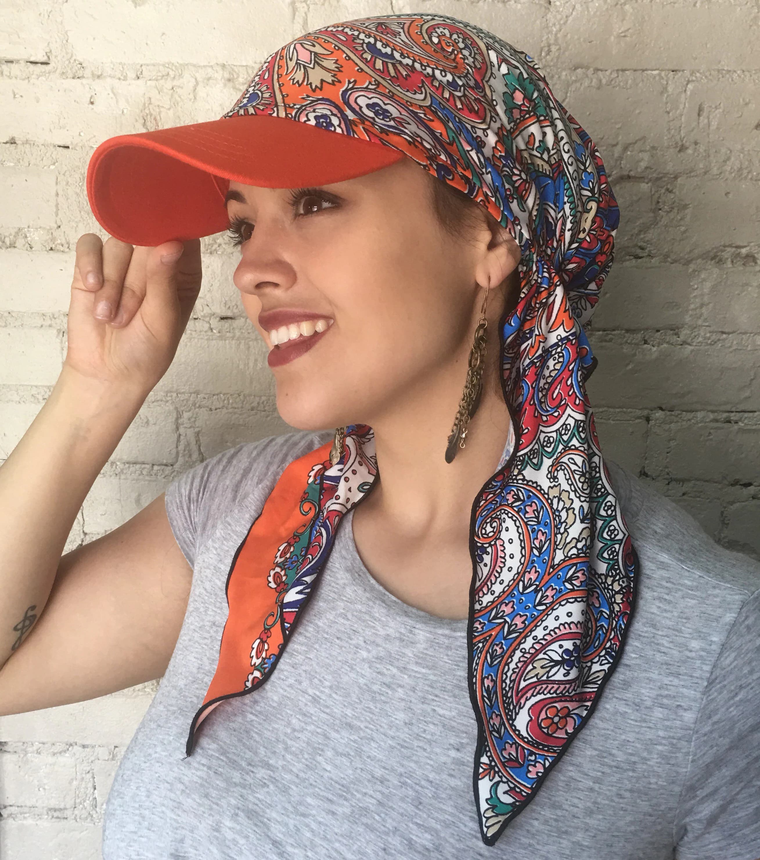 Orange Sun Hat | Cute Hat | Sun Visor Scarf | Casual Sport Headwear | Islamic Hijab |  Durag Headcovering | Beachwear Hat | Made in USA