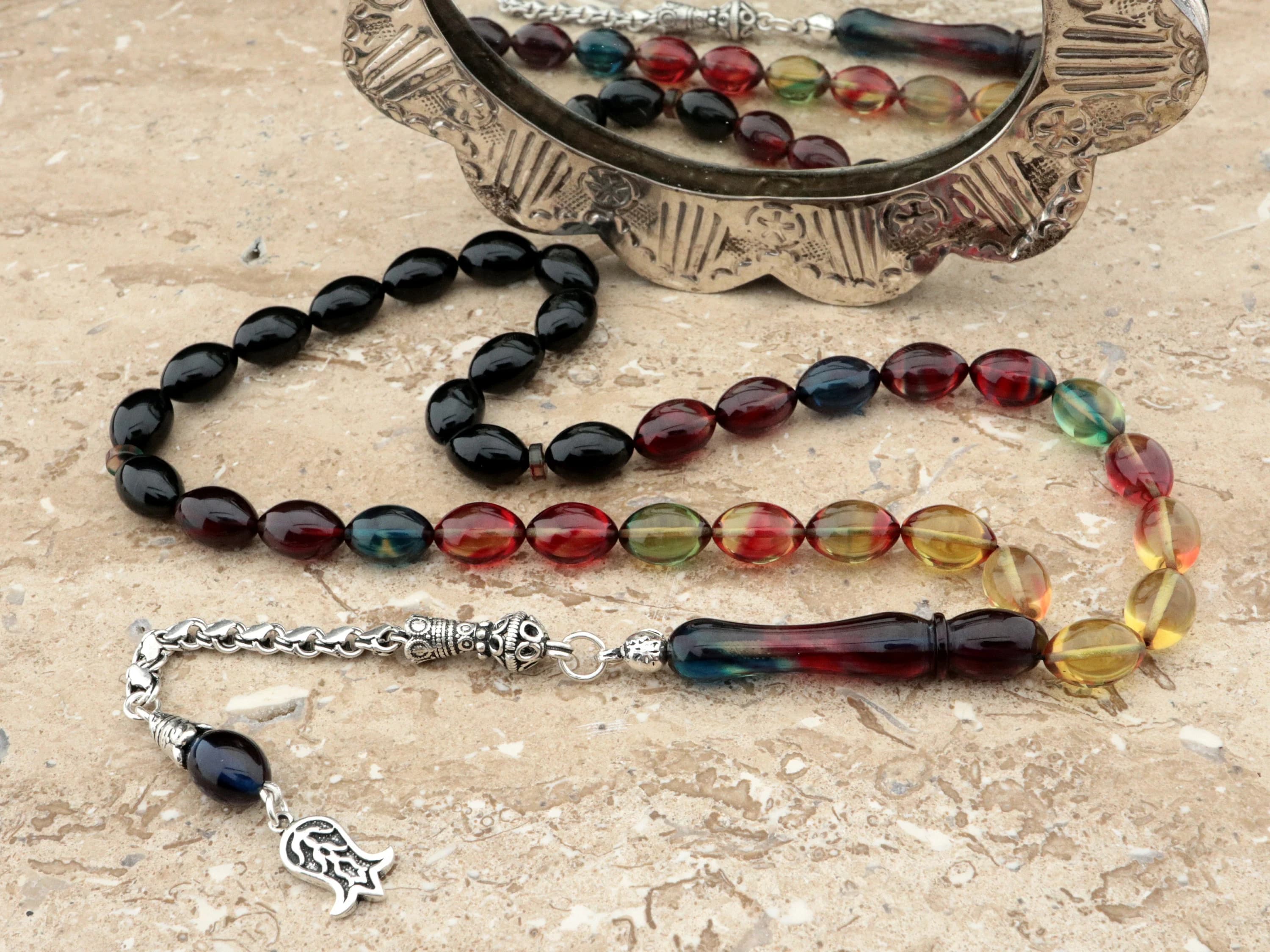 Handcrafted Tasbih 925K silver tassel pressed amber bakelite faturan prayer beads 505018