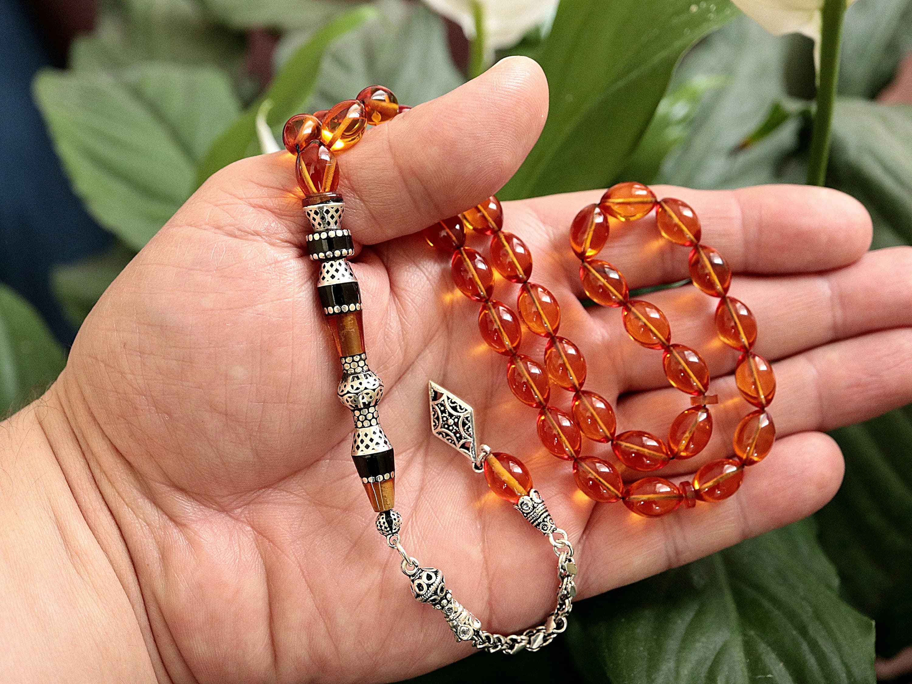 Handcrafted Tasbih collectible 925K silver inlaid pressed amber bakelite faturan prayer beads 505010