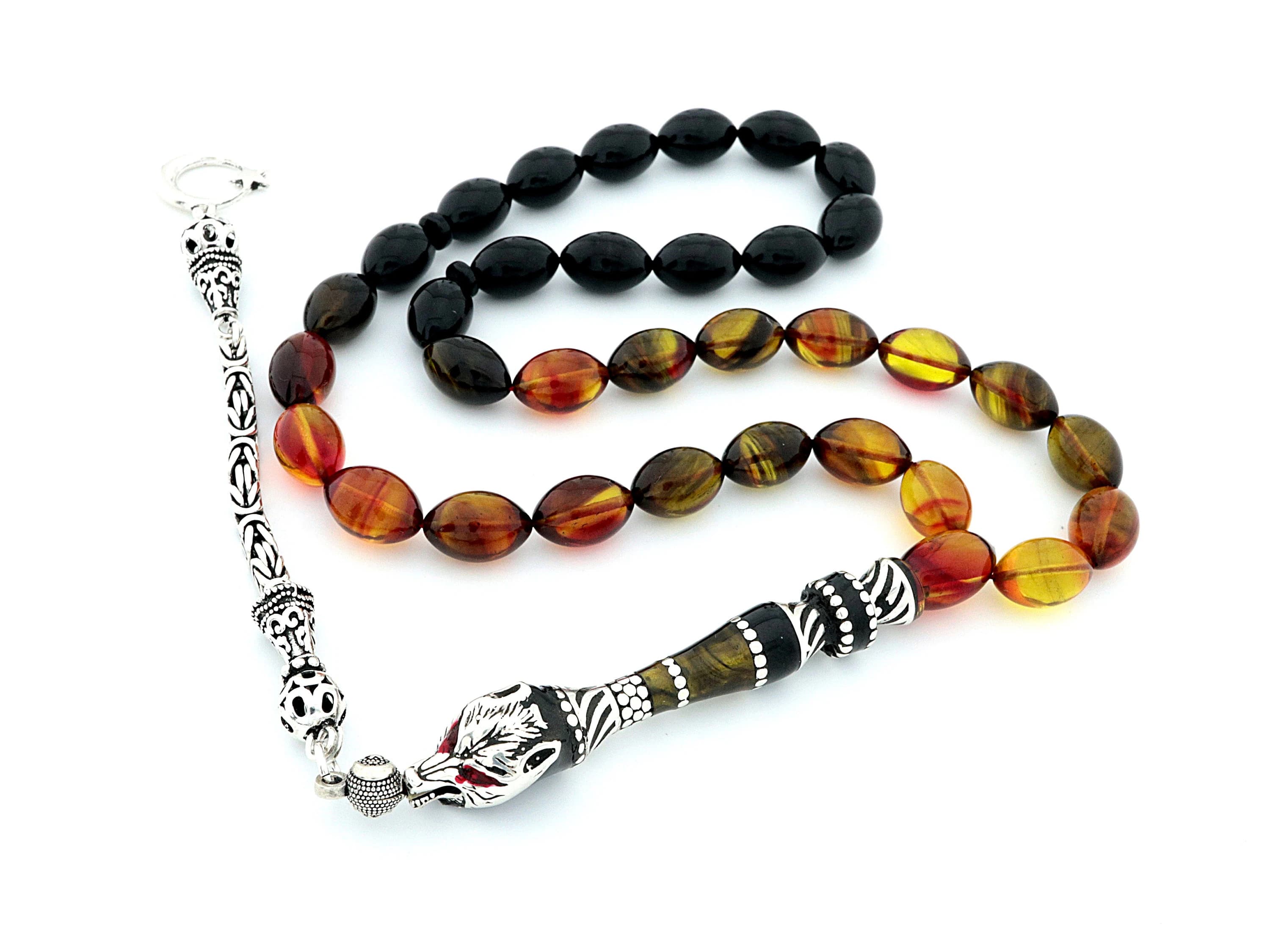 Wolf Head Tasbih Prayer Beads: 925 Silver, Pressed Amber, Bakelite Faturan 505019