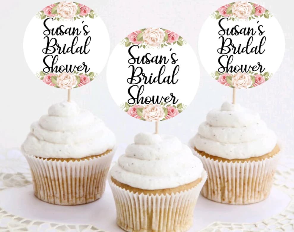 Personalized Pink Floral Bridal Shower Cupcake Topper on Toothpicks - Fuchsia Flower Theme Baby Shower Toppers - Choose Your Size