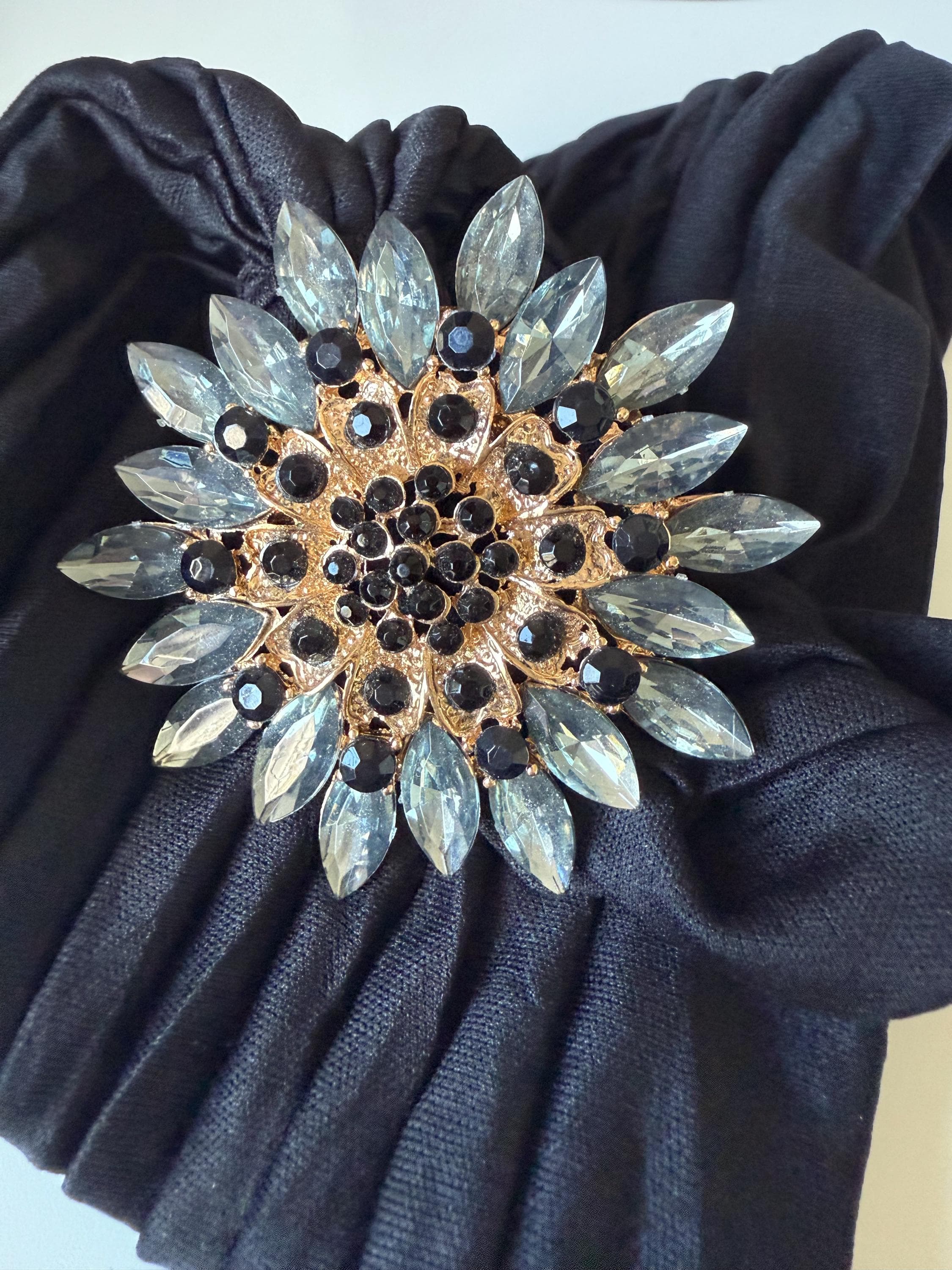 Black Turban Headwrap with Crystal Brooch | Elegant Fashion Headpiece - image 4