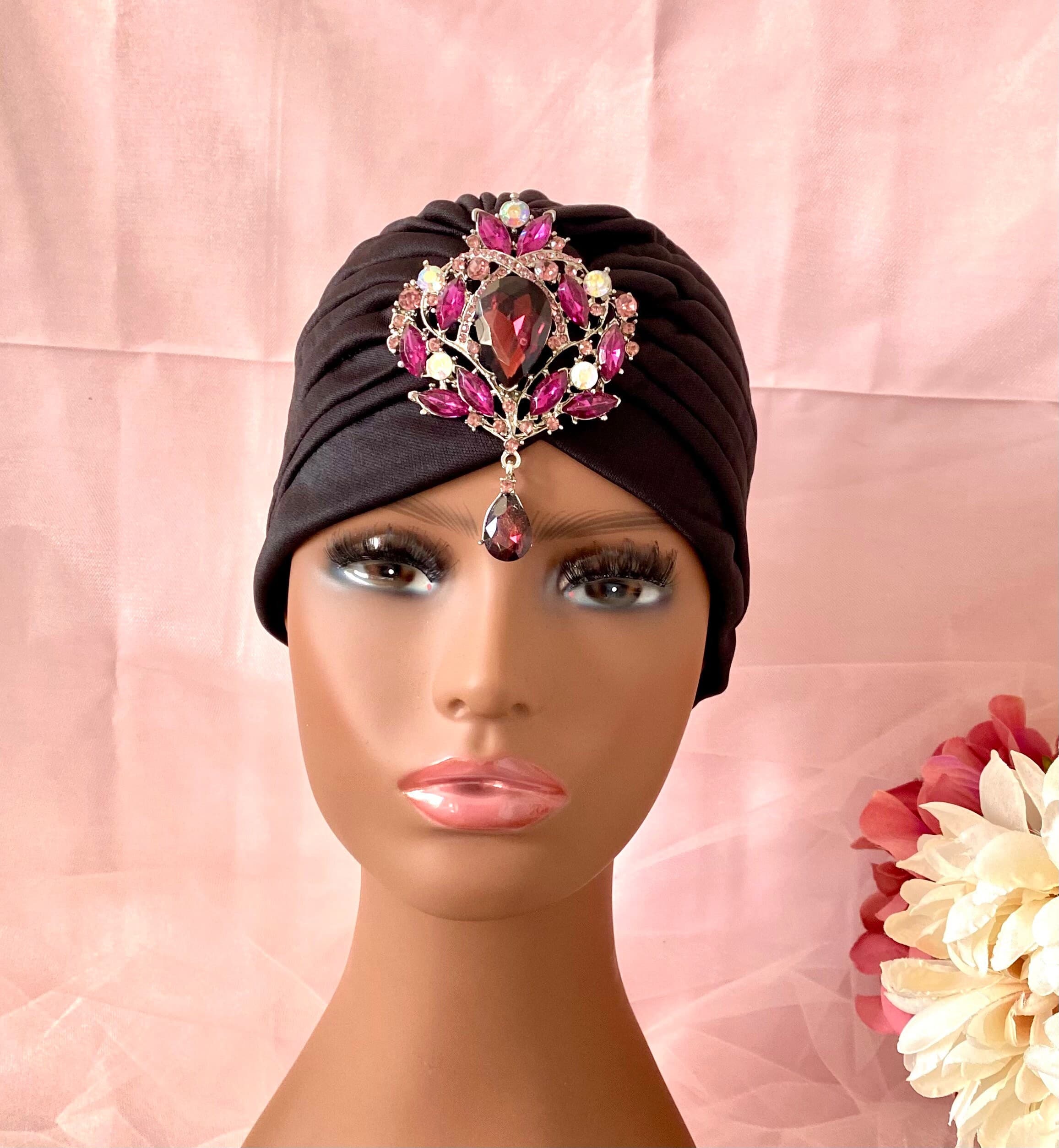 Black Turban with Removable Jewelry Brooch - image 4