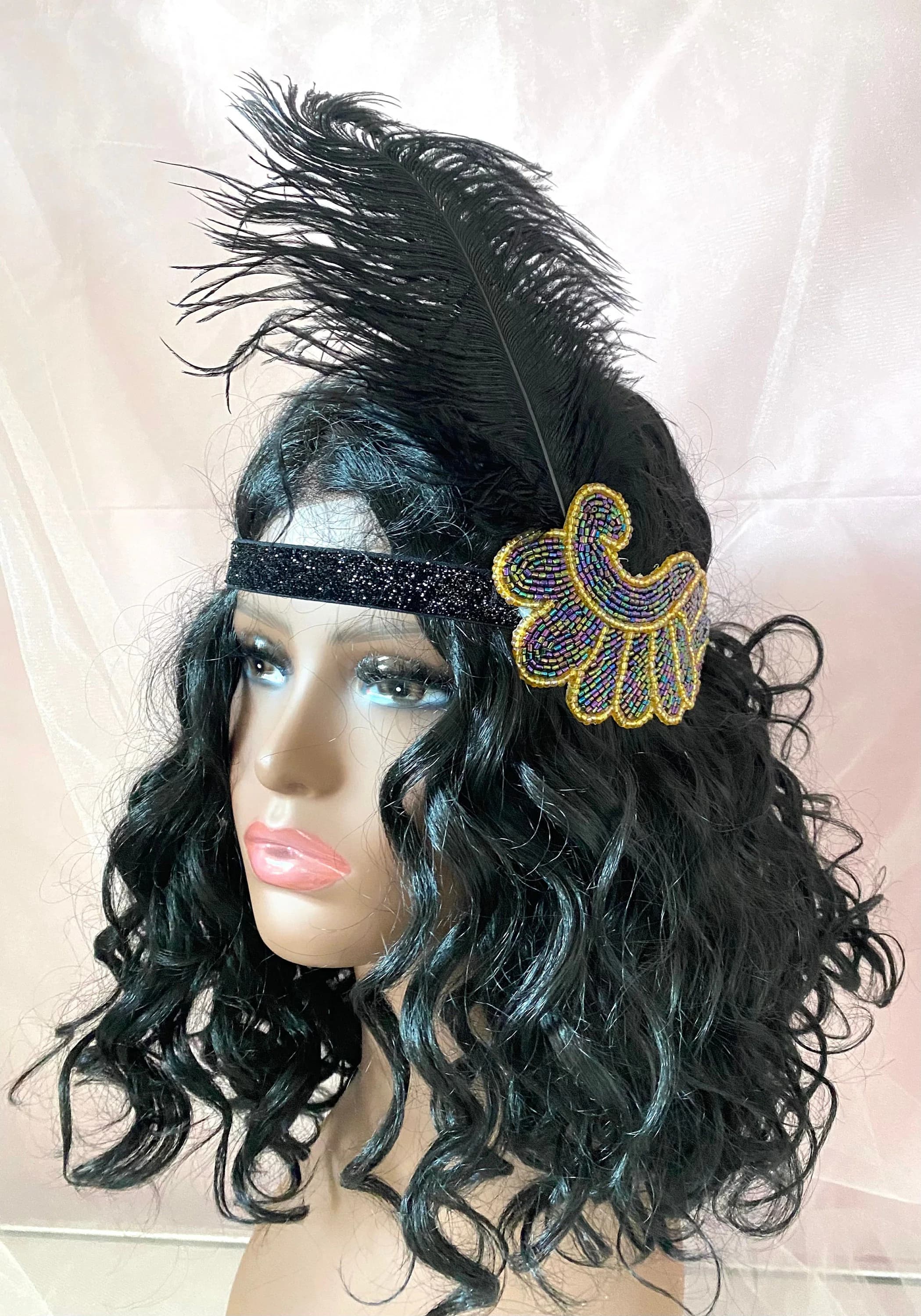 Black Feather Headband, Gatsby Flapper Style