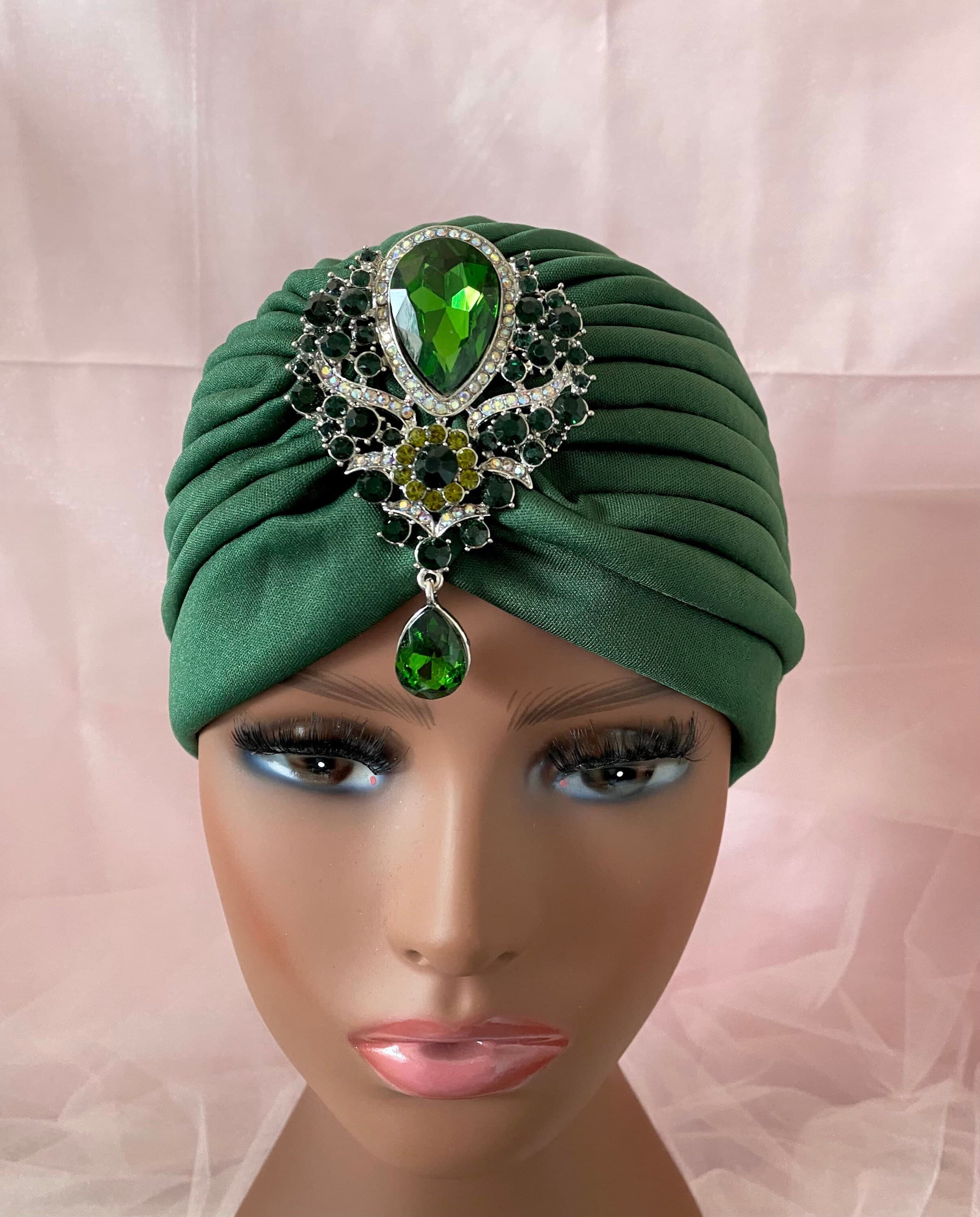 Dark Green Turban with Removable Brooch, Luxury Headwear - image 3