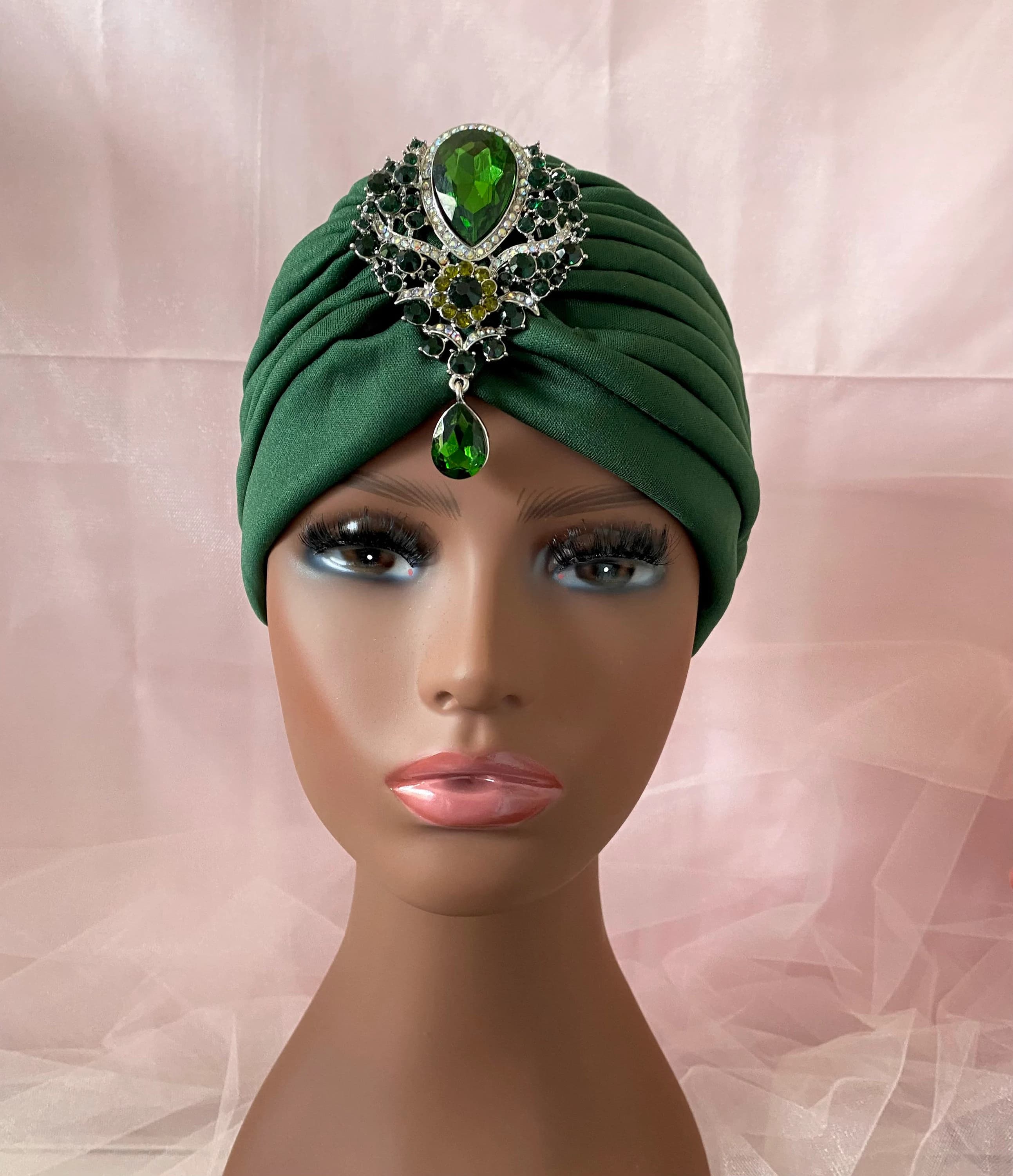 Dark Green Turban with Removable Brooch, Luxury Headwear - image 4