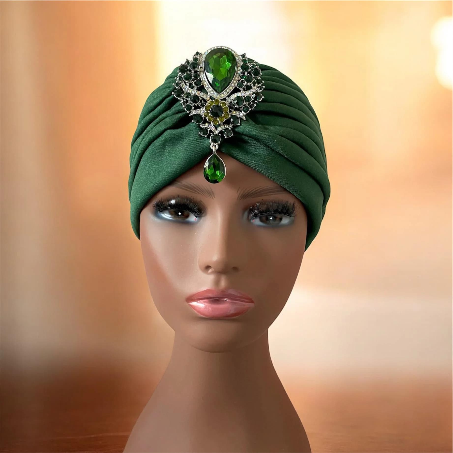 Dark Green Turban with Removable Brooch, Luxury Headwear