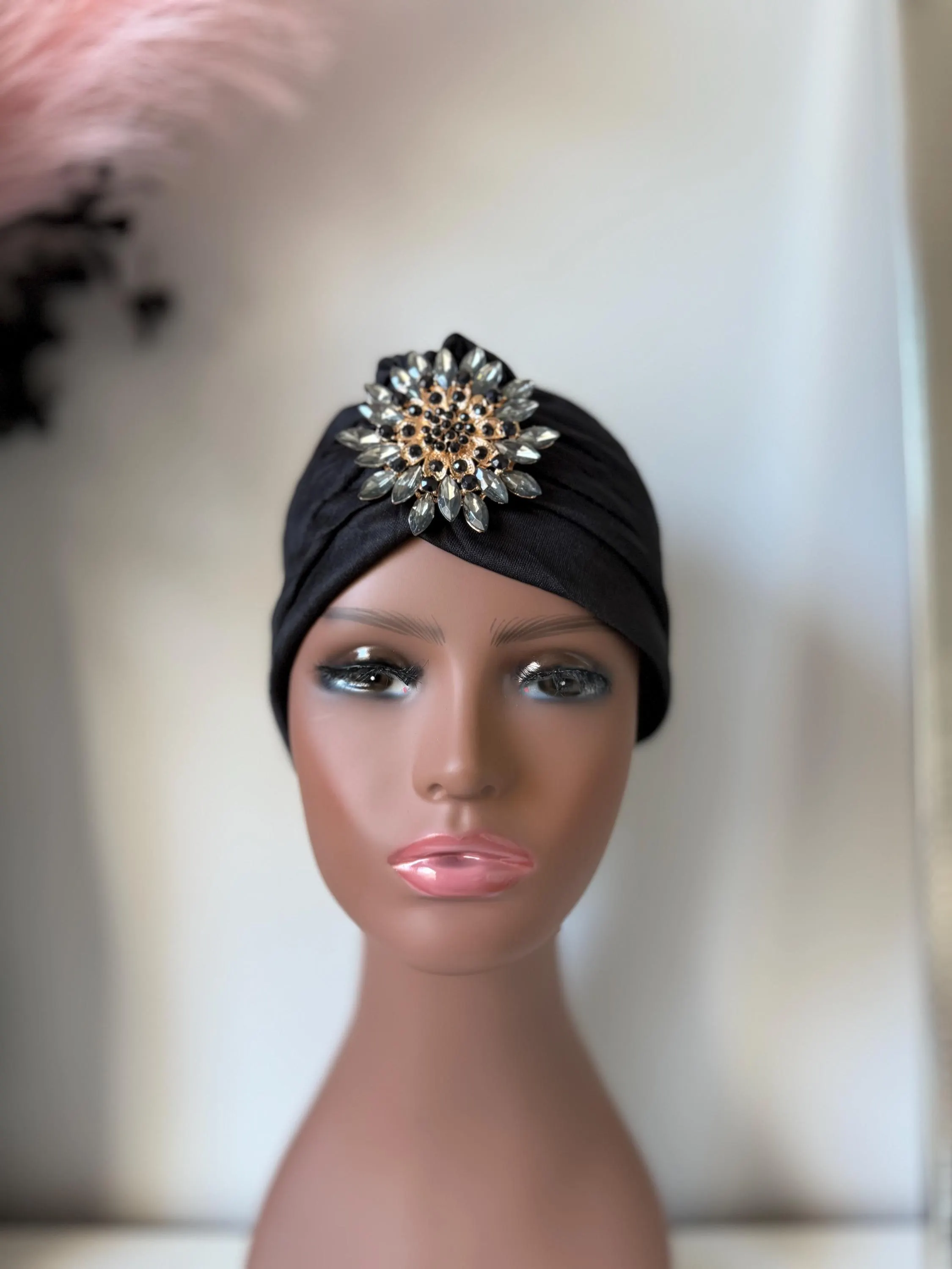 Black Turban Headwrap with Crystal Brooch | Elegant Fashion Headpiece - image 3