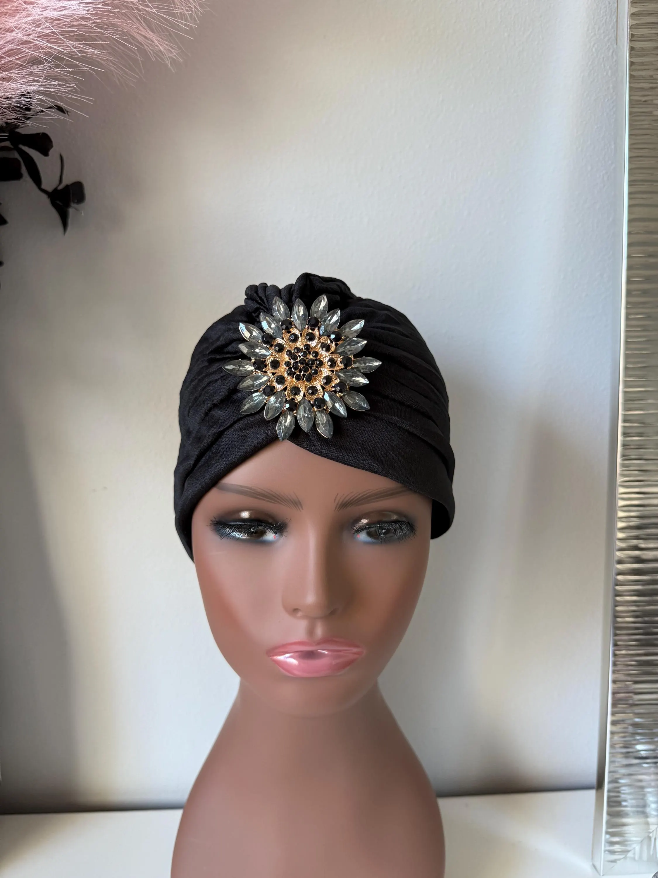 Black Turban Headwrap with Crystal Brooch | Elegant Fashion Headpiece - image 5