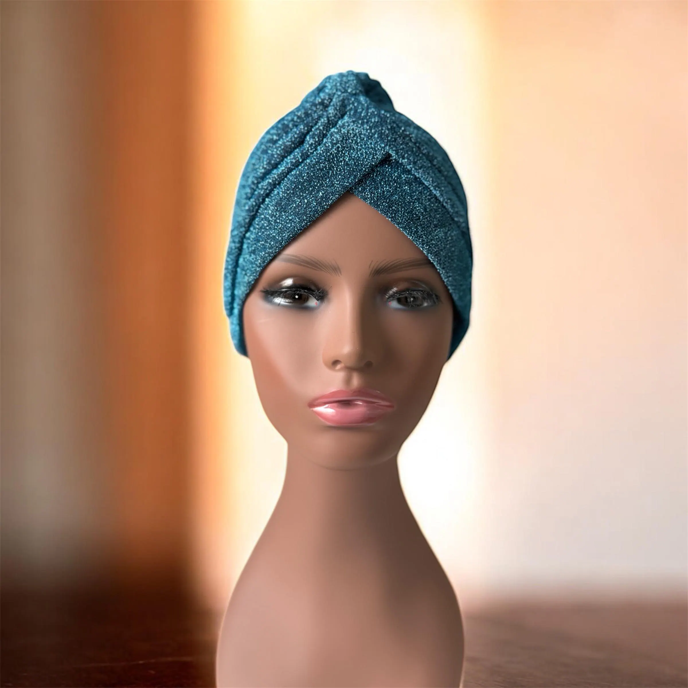 Blue Sparkly Stretch Turban: Full Head Hijab Scarf