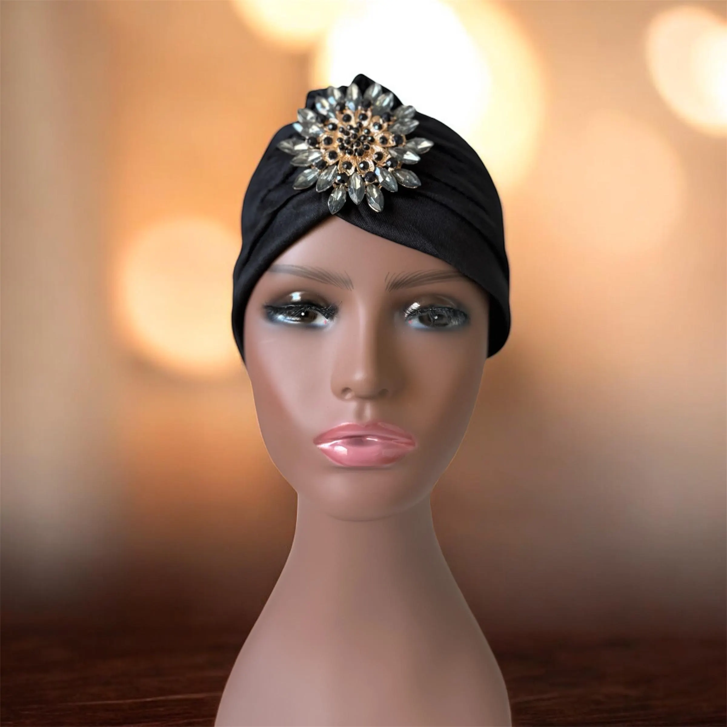 Black Turban Headwrap with Crystal Brooch | Elegant Fashion Headpiece