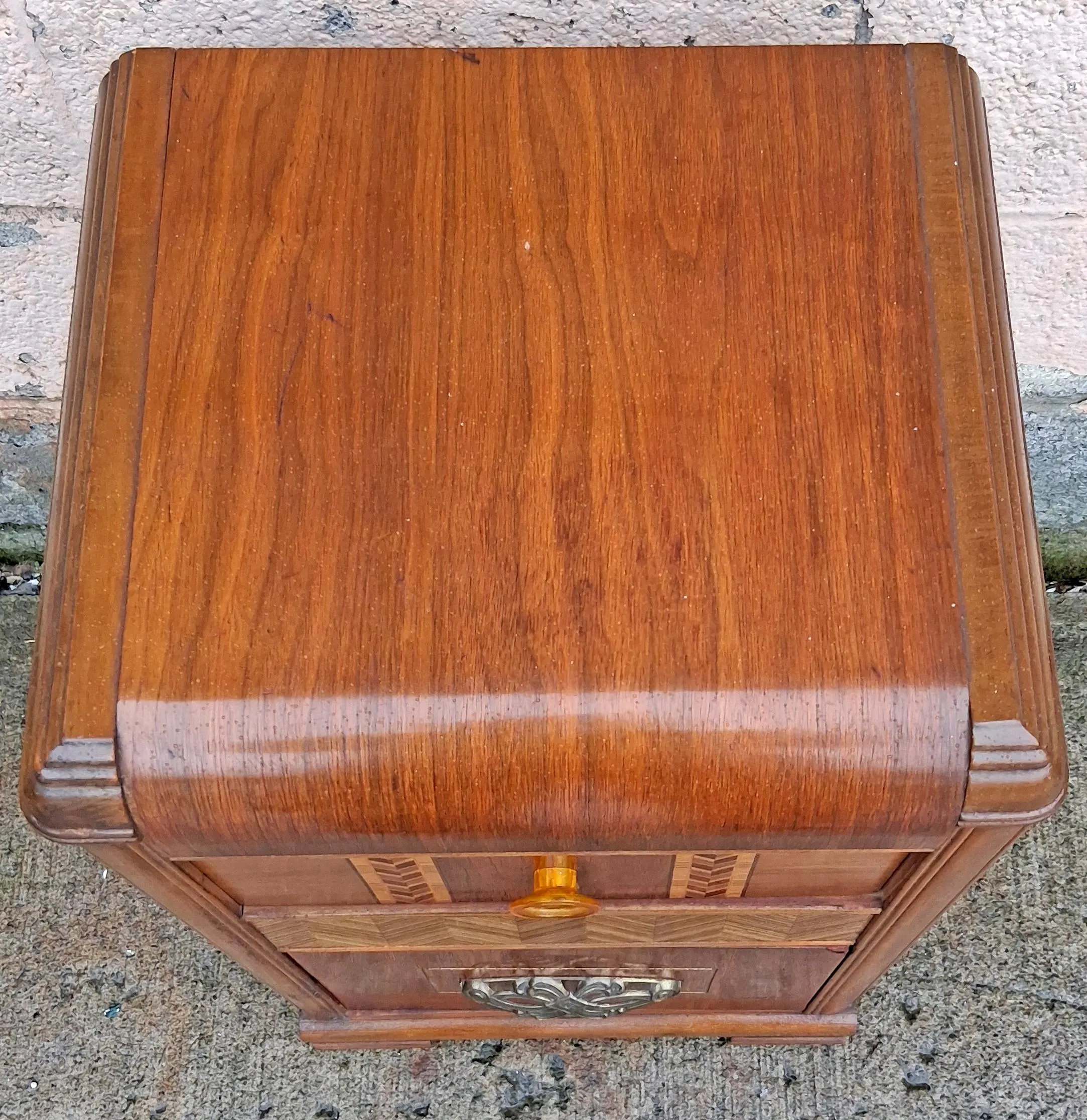 Antique Vintage Old Reclaimed Salvaged Art Deco Waterfall Solid Wood Wooden Walnut Chevron Inlay Veneer Table Nightstand Bedside Cabinet - image 5