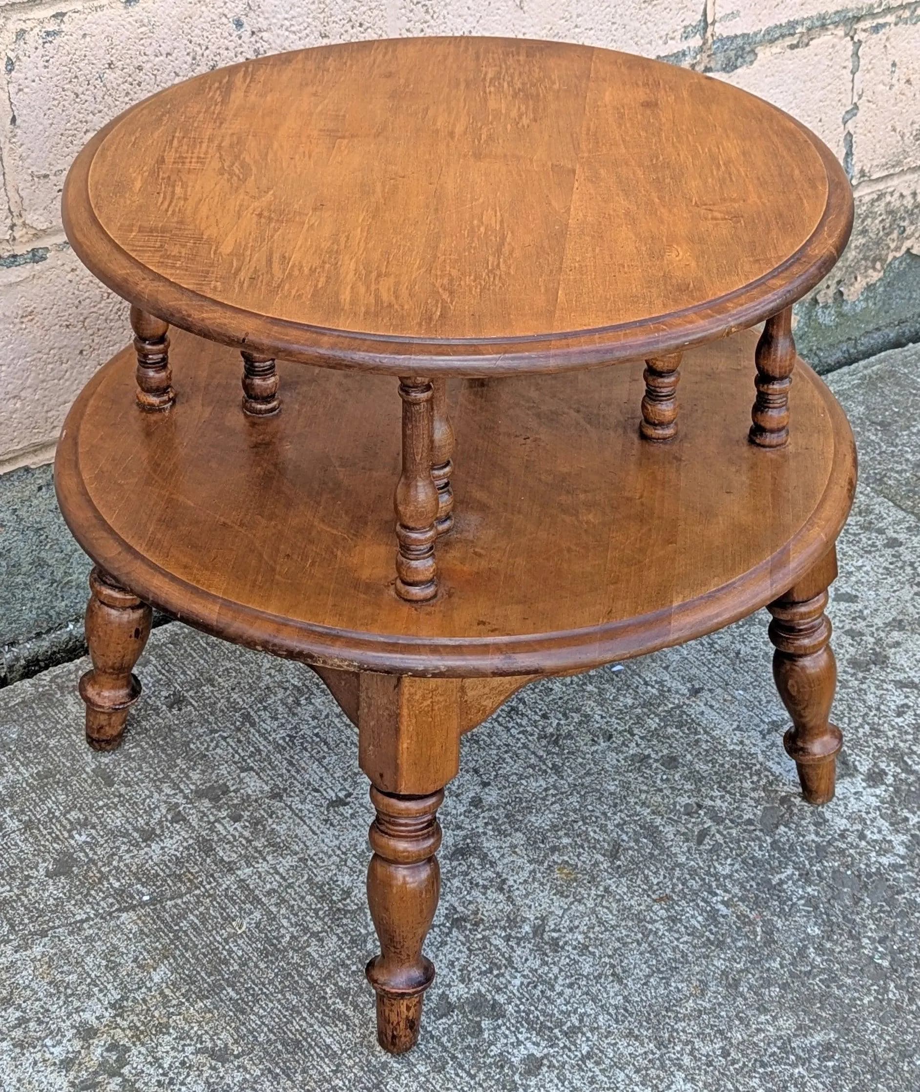 Vintage Antique Old Reclaimed Salvaged SOLID Wood Wooden 2 TIER Coffee Sofa Accent Table Round Circle Circular