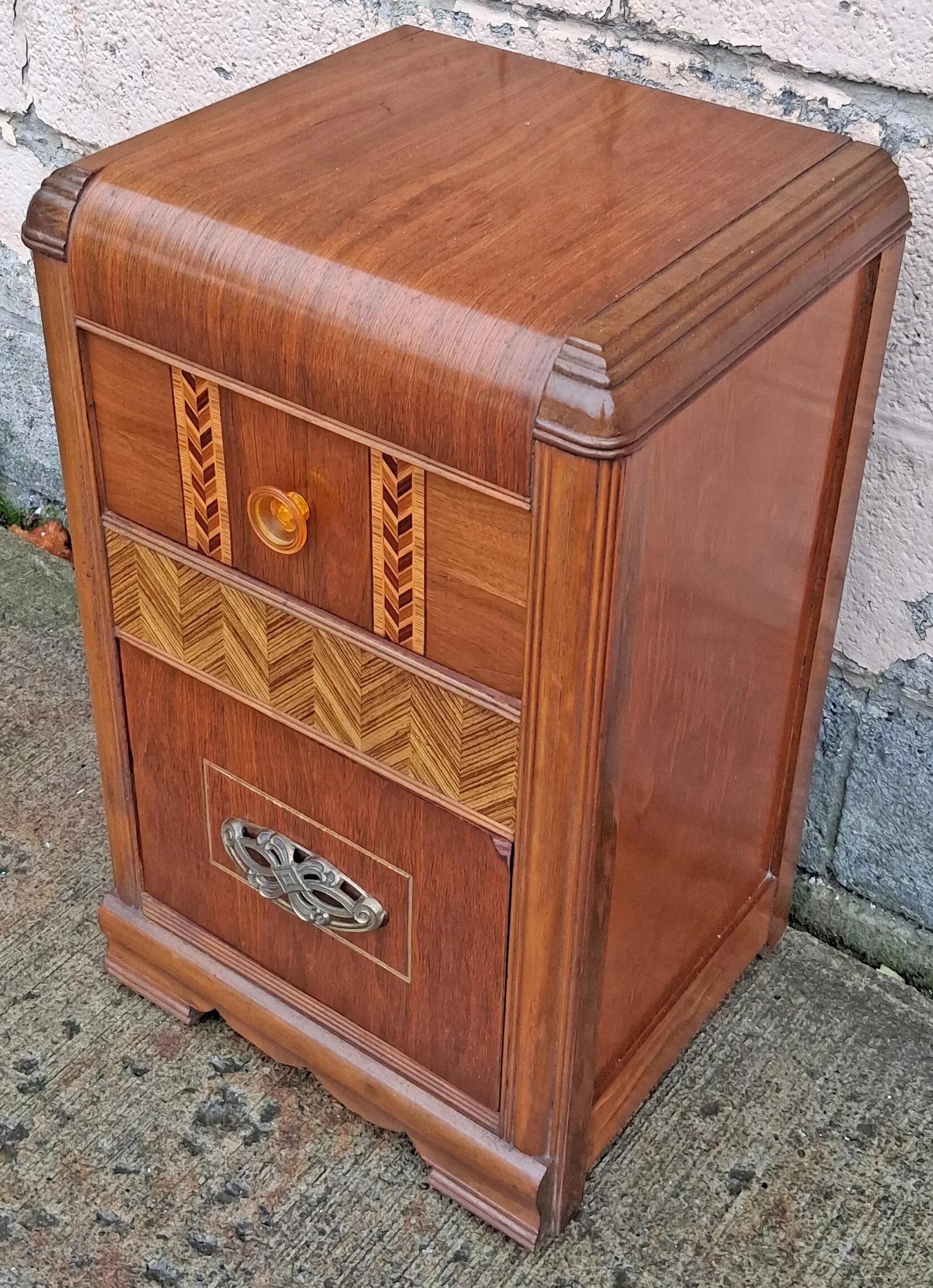 Antique Vintage Old Reclaimed Salvaged Art Deco Waterfall Solid Wood Wooden Walnut Chevron Inlay Veneer Table Nightstand Bedside Cabinet - image 4