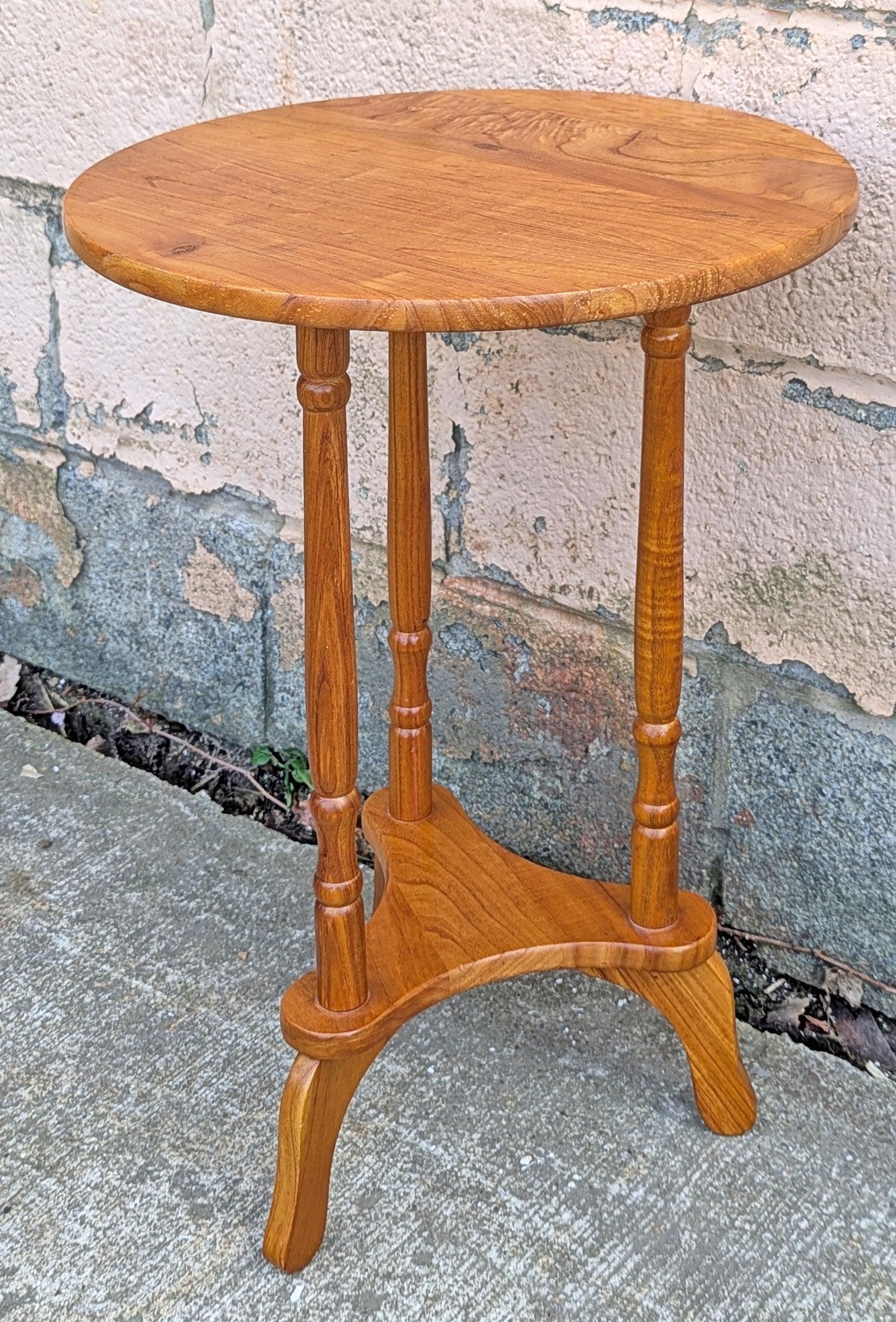 17" Round Vintage Antique Old SOLID Acacia Hardwood Wood Wooden Side End Accent Foyer Pedestal Table Lamp Plant Table Shelf Stand - image 4
