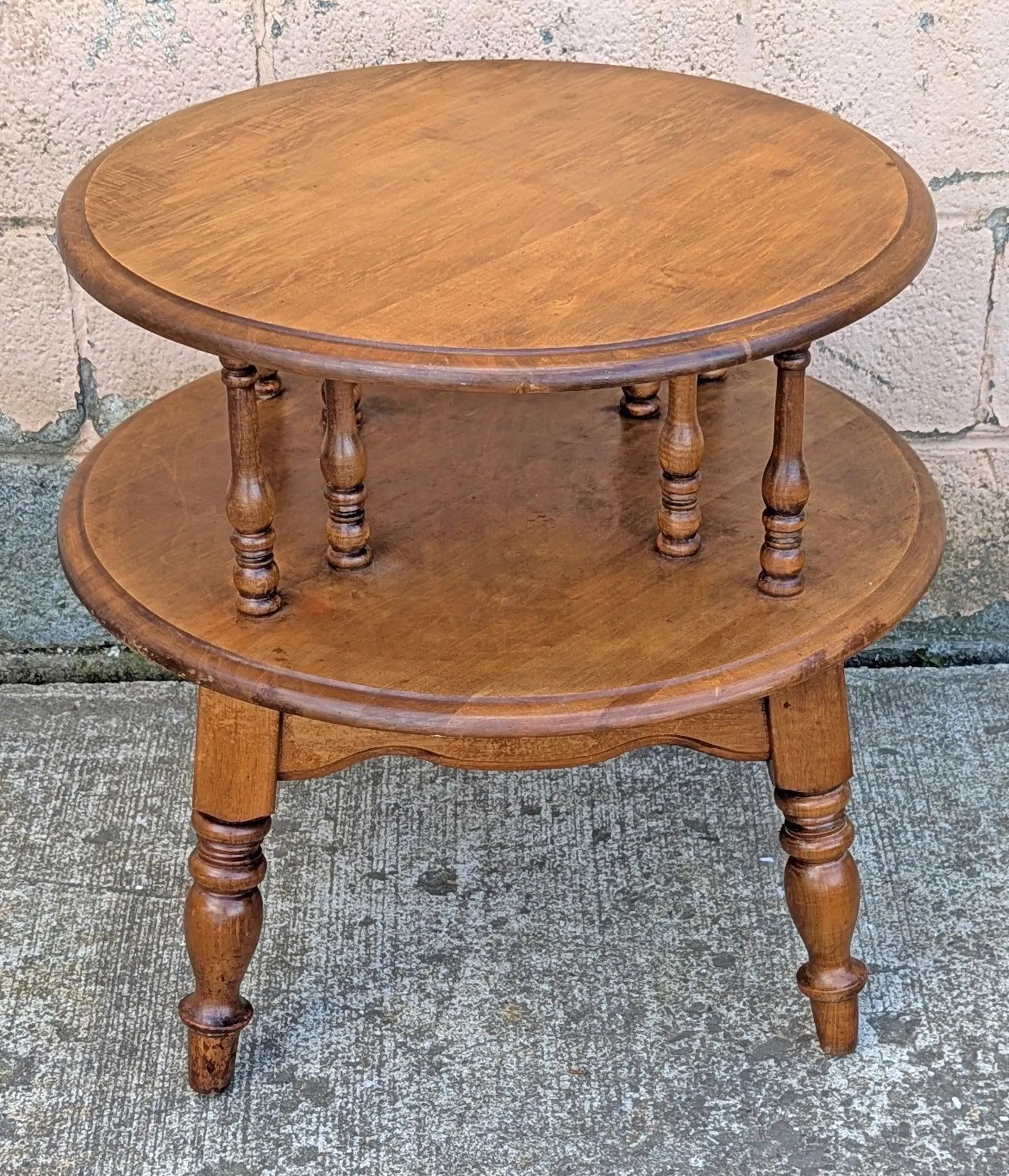 Vintage Antique Old Reclaimed Salvaged SOLID Wood Wooden 2 TIER Coffee Sofa Accent Table Round Circle Circular - image 3